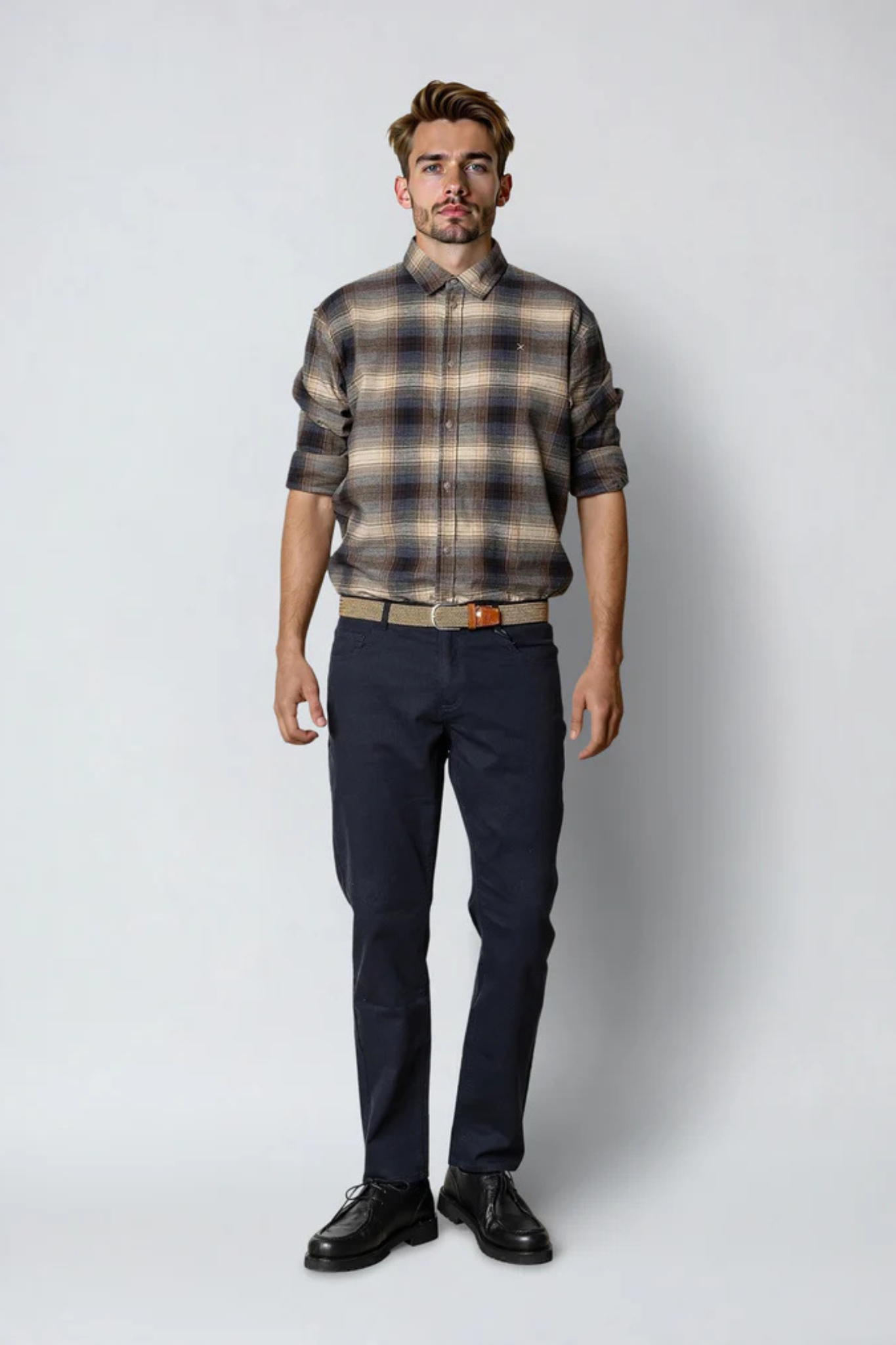 DYLAN CHECKED FLANNEL SHIRT - ECRU/NAVY