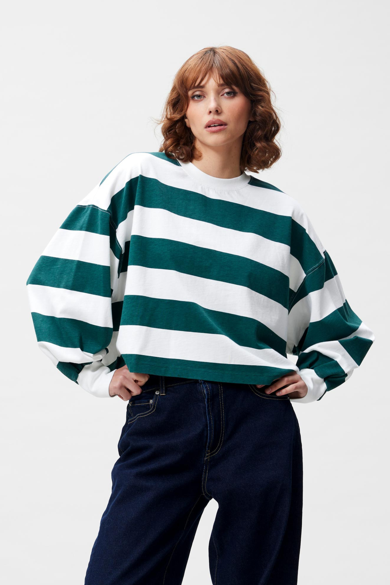 OVERSIZED STRIPED LONG SLEEVE T-SHIRT - SEA MOSS