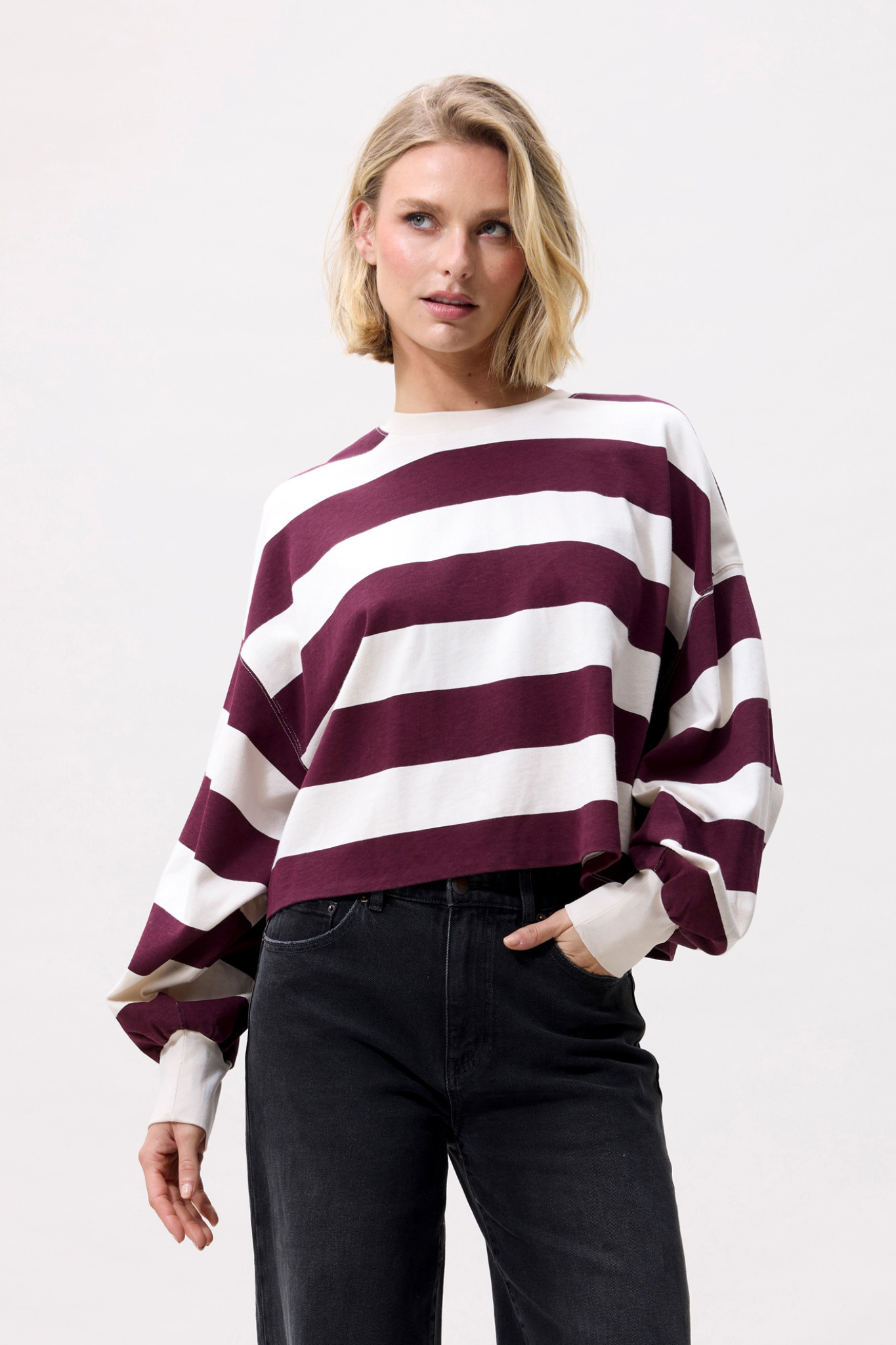 OVERSIZED STRIPED LONG SLEEVE - MERLOT