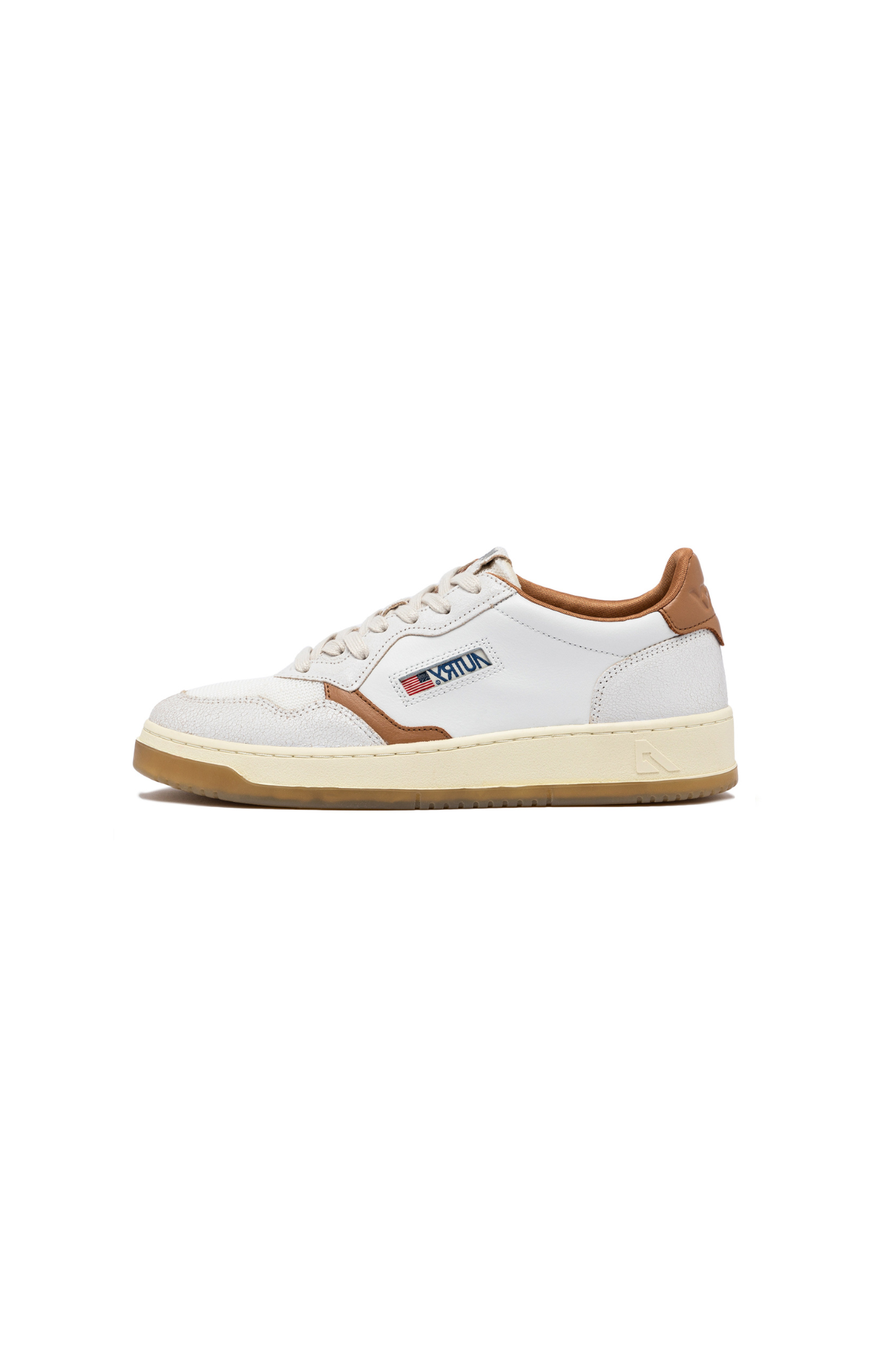Autry medalist low man sneakers in white and brown. Side view