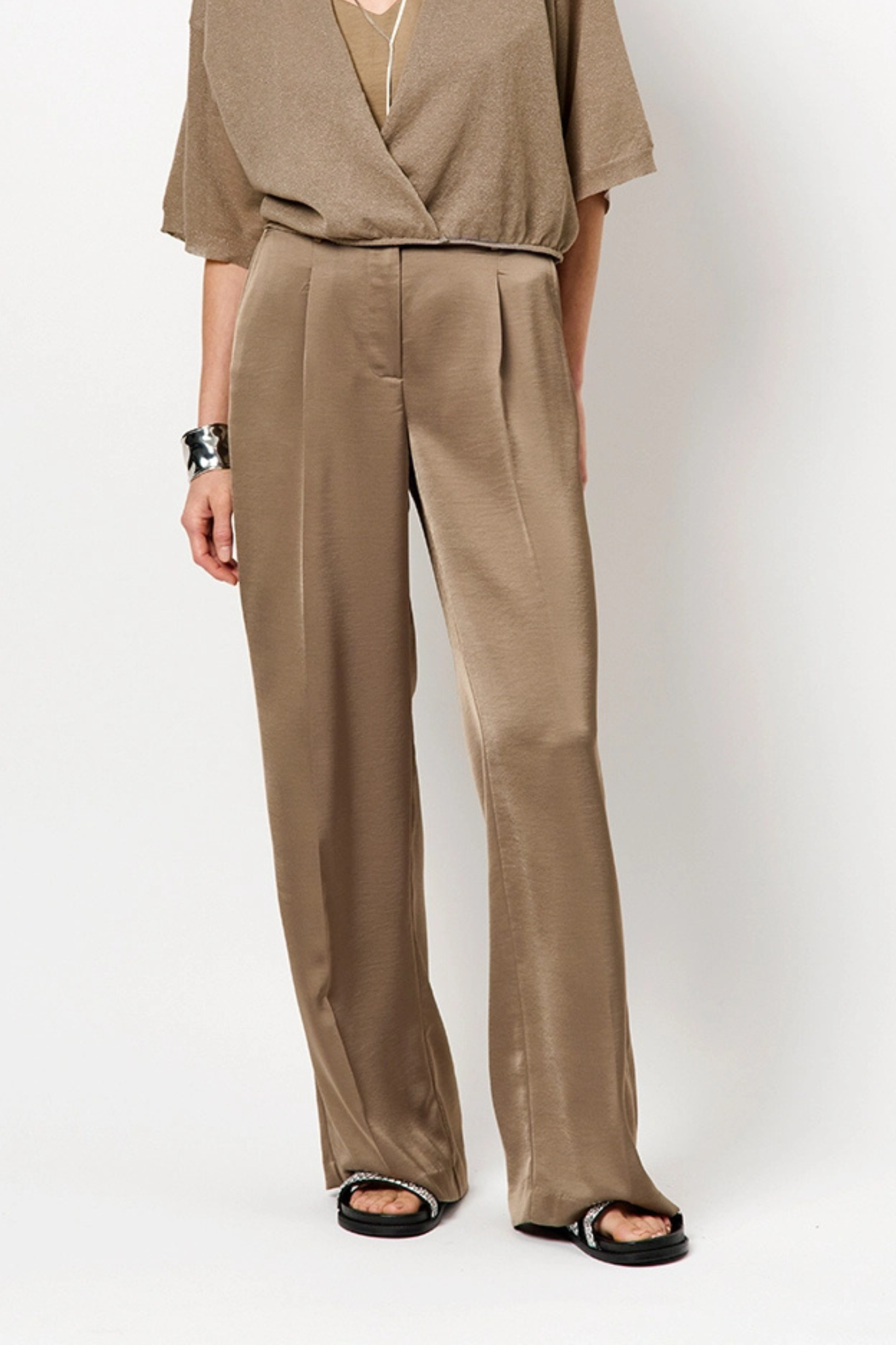 JULES SATIN SMART PANTS - STONE