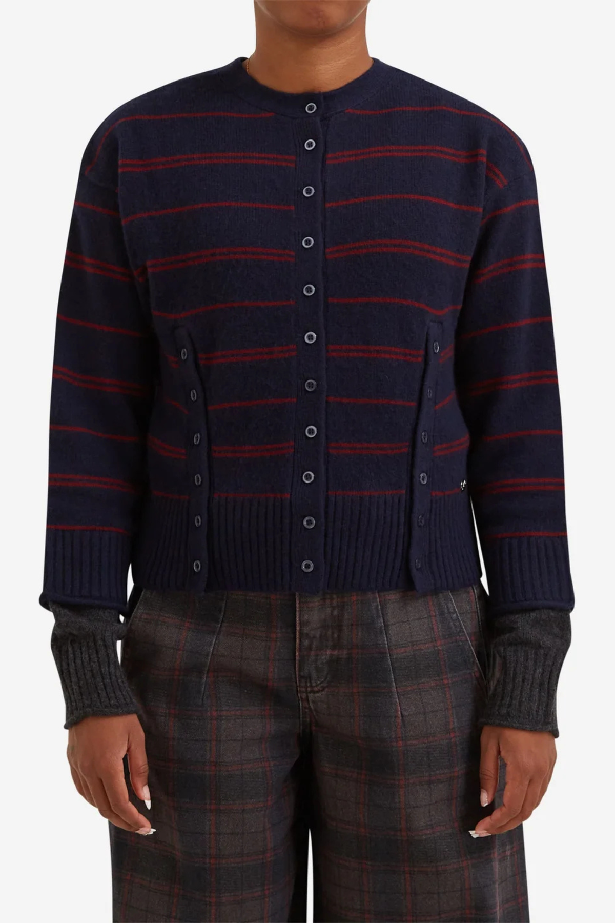 FRANNY MERINO WOLENEN CARDIGAN - MARINEBLAUWE STREEP