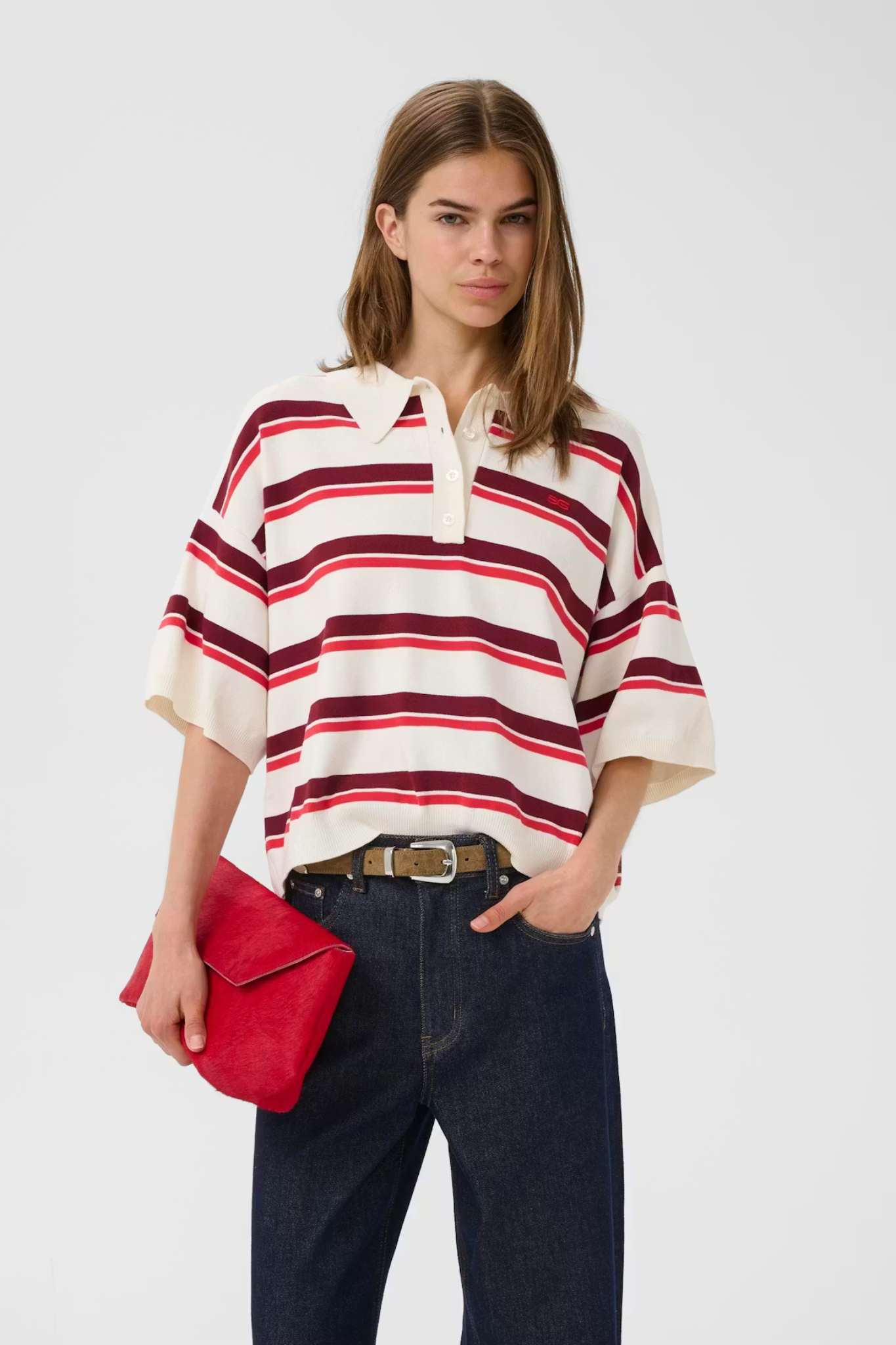 TAIA SS POLO PULLOVER - EGRET/CABERNET/POINSETTIA
