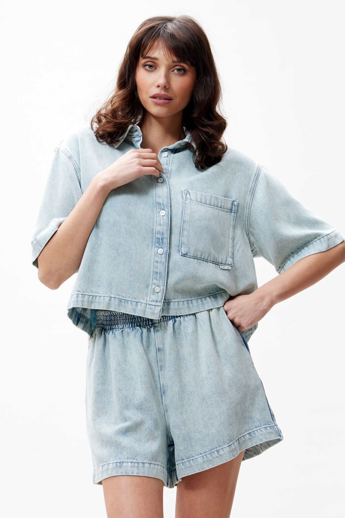 SHORT SLEEVE DENIM BLOUSE - BLUE