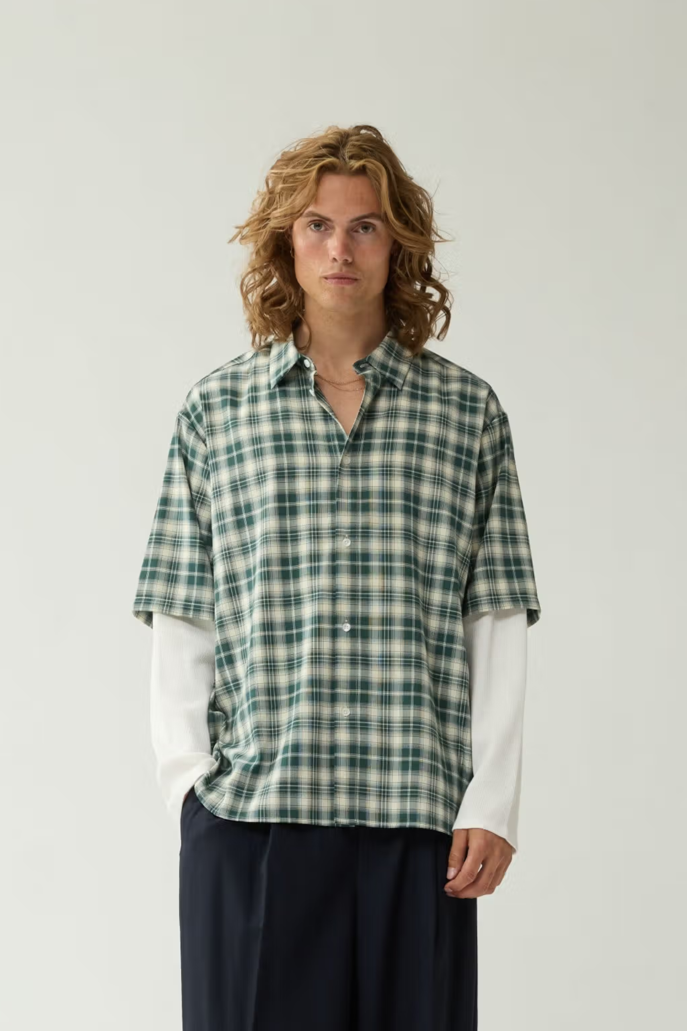 DOUBLE LAYER SHIRT - GREEN/WHITE CHECK