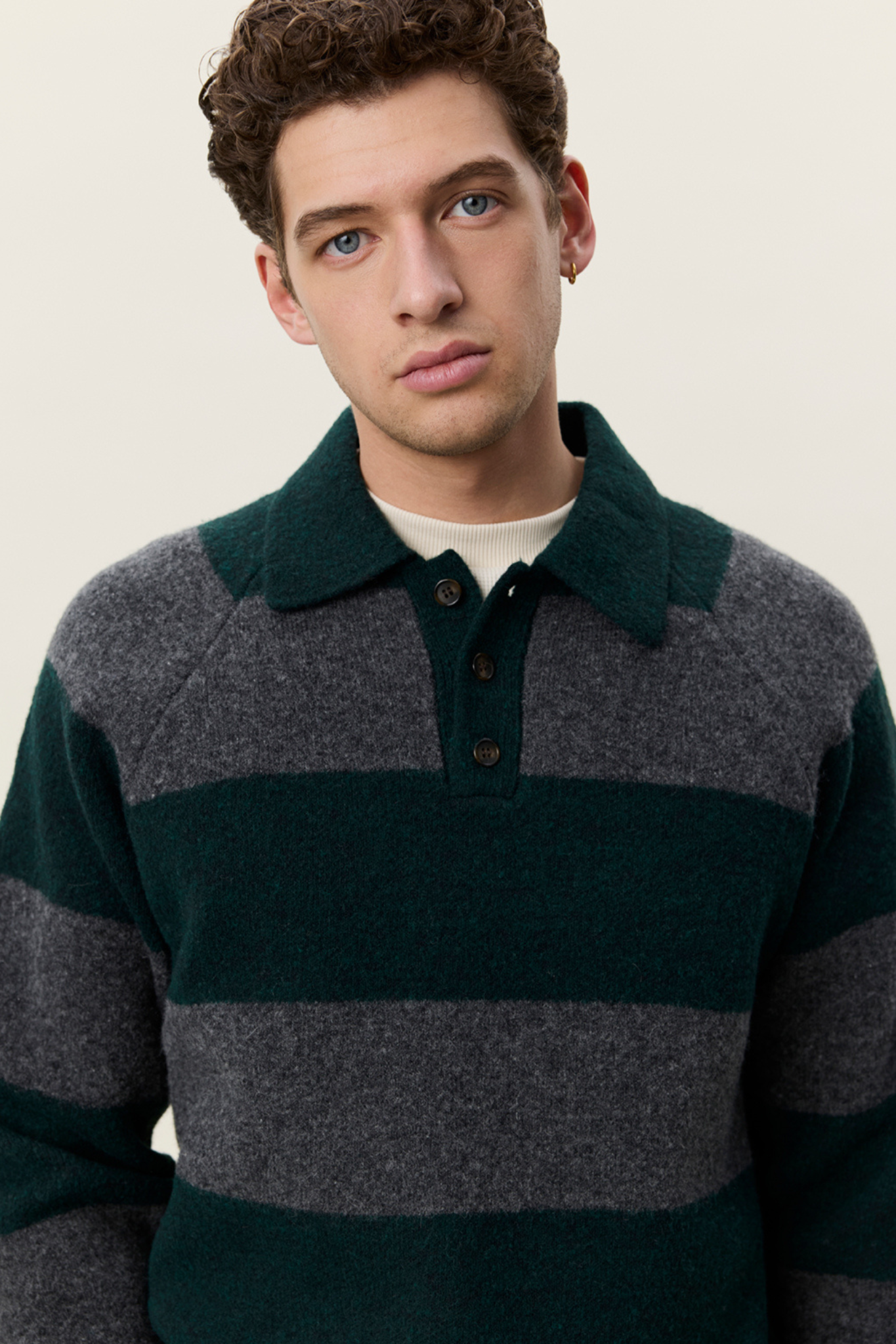STRIPPED MELANGE KNITTED POLO - ROSIN GREEN