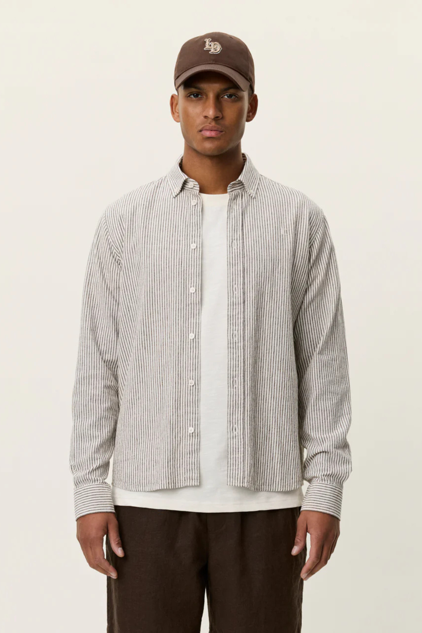 KONRAD STRIPE COTTON LINEN SHIRT - TEAK BROWN