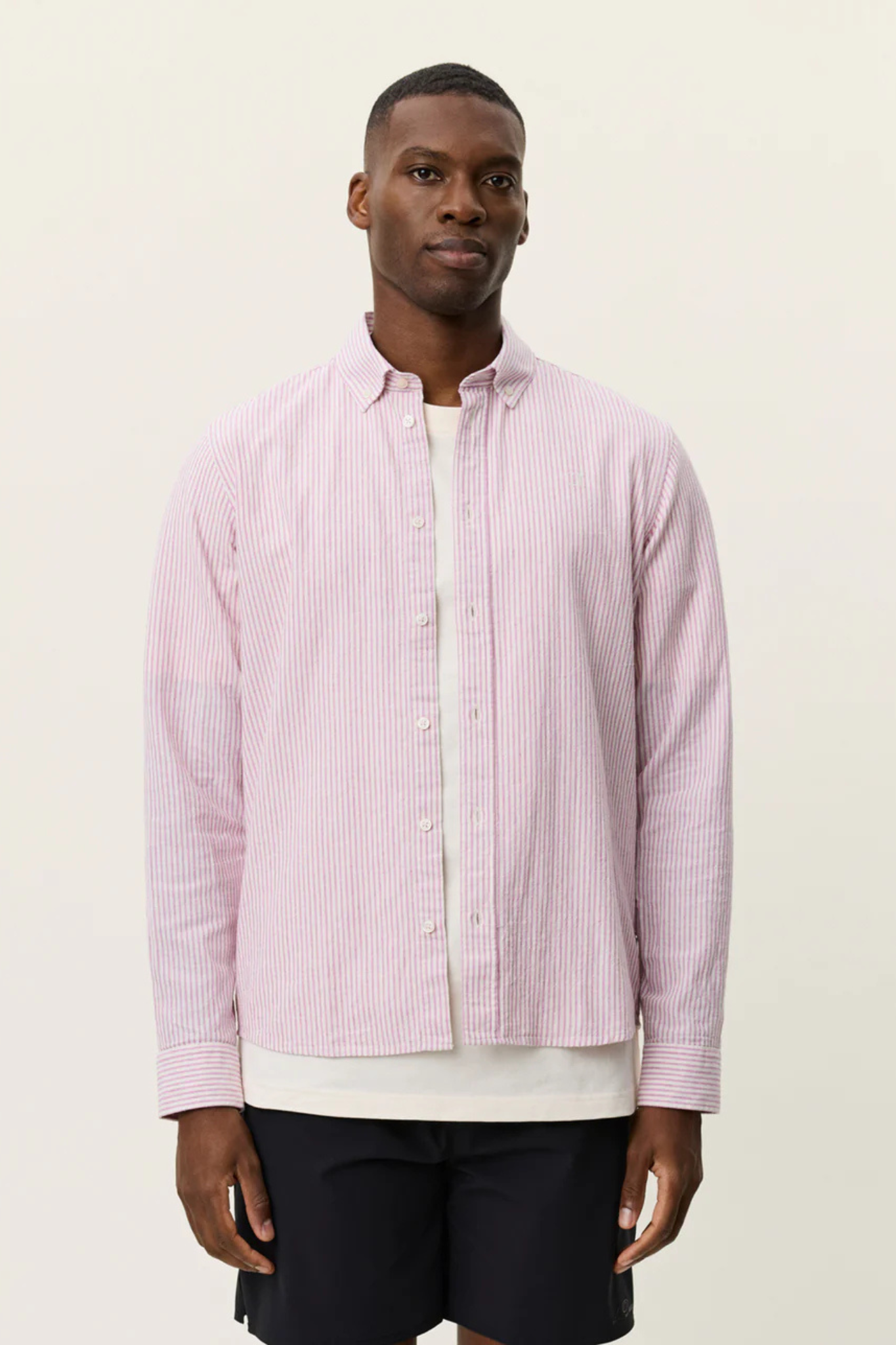 KONRAD STRIPE COTTON LINEN SHIRT - CROCUS PINK