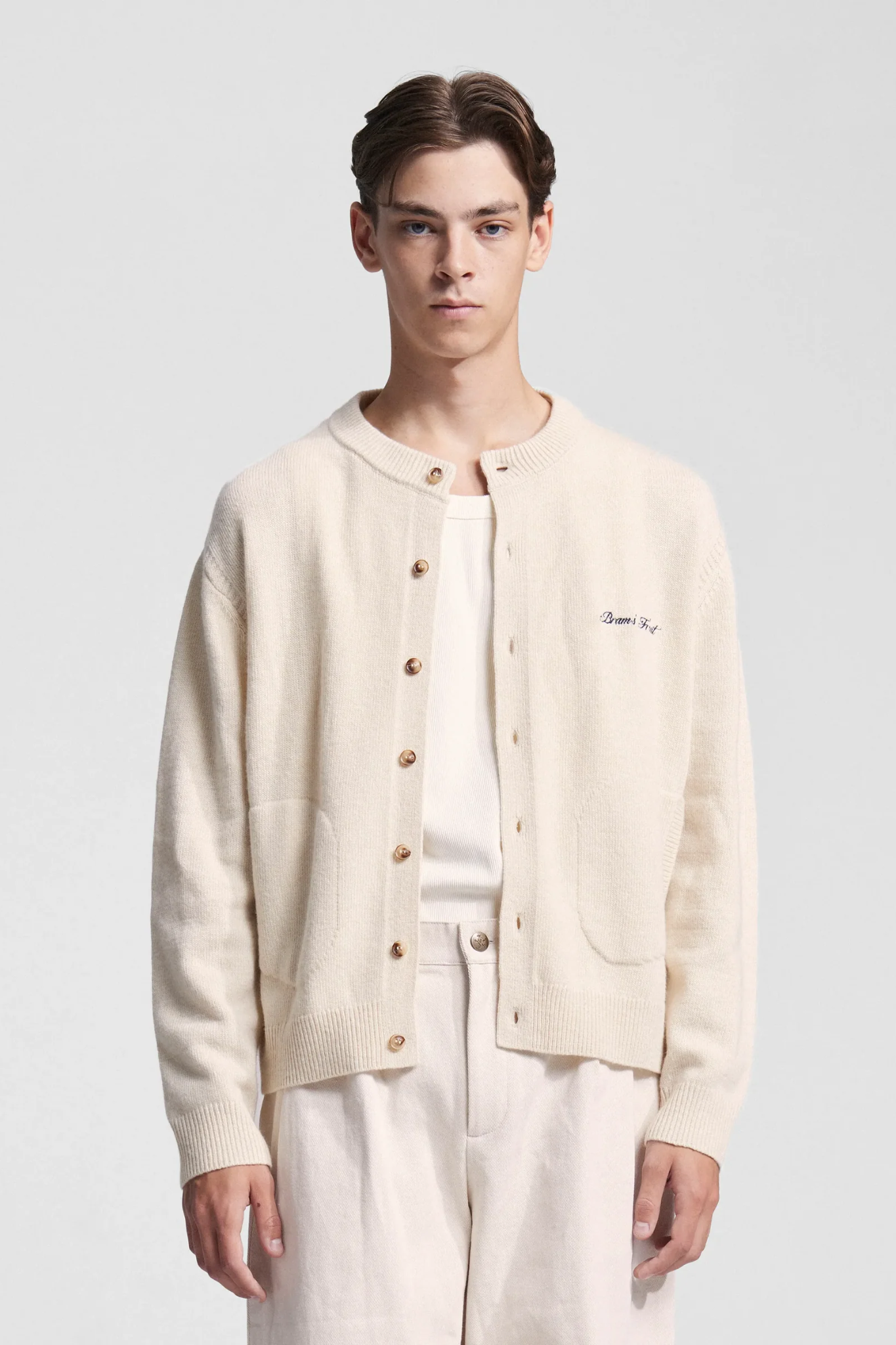 SCRIPT LOGO BUTTON UP KNIT - SAND