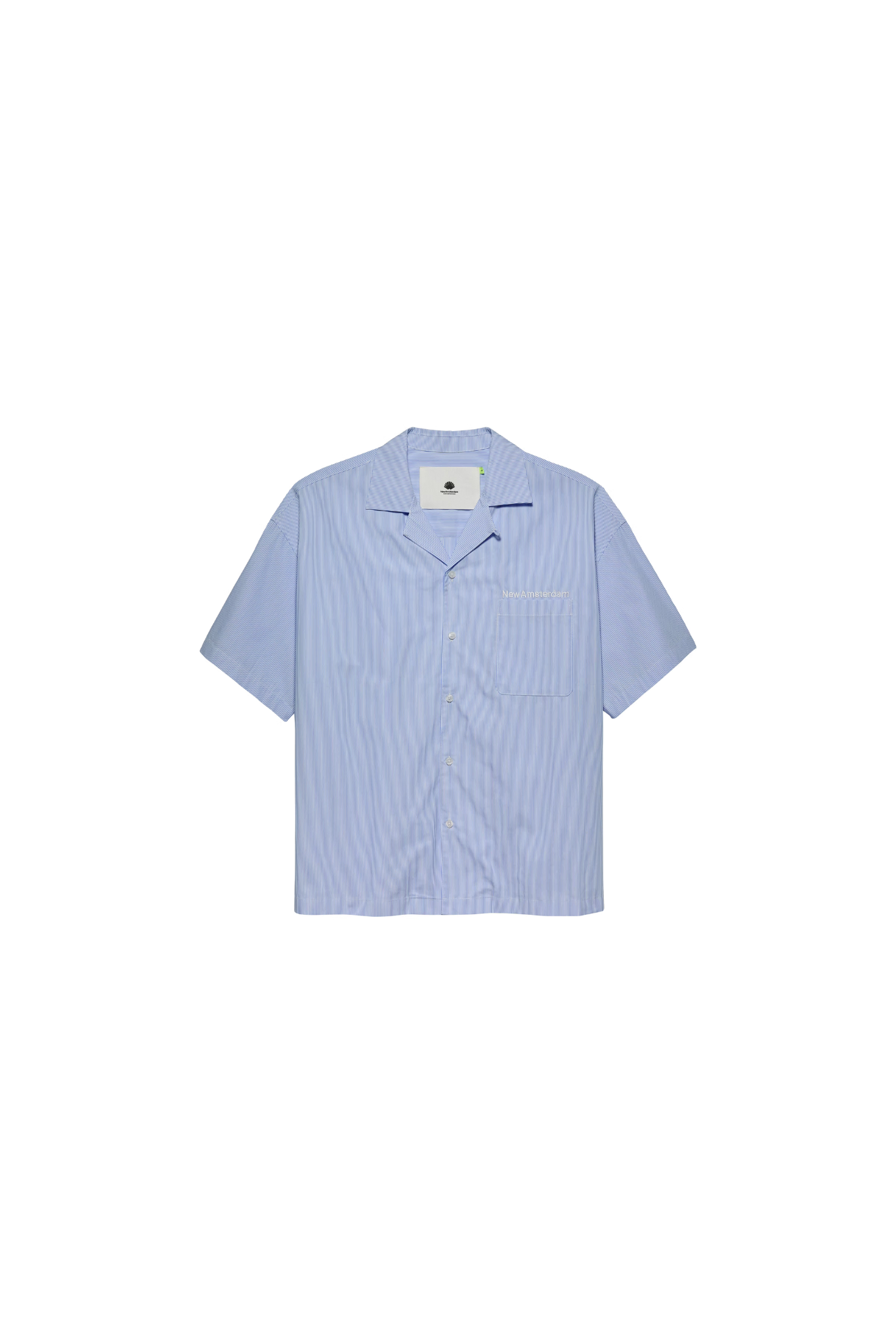 New Amsterdam wijk shirt in white/blue stripes. Front flatlay view