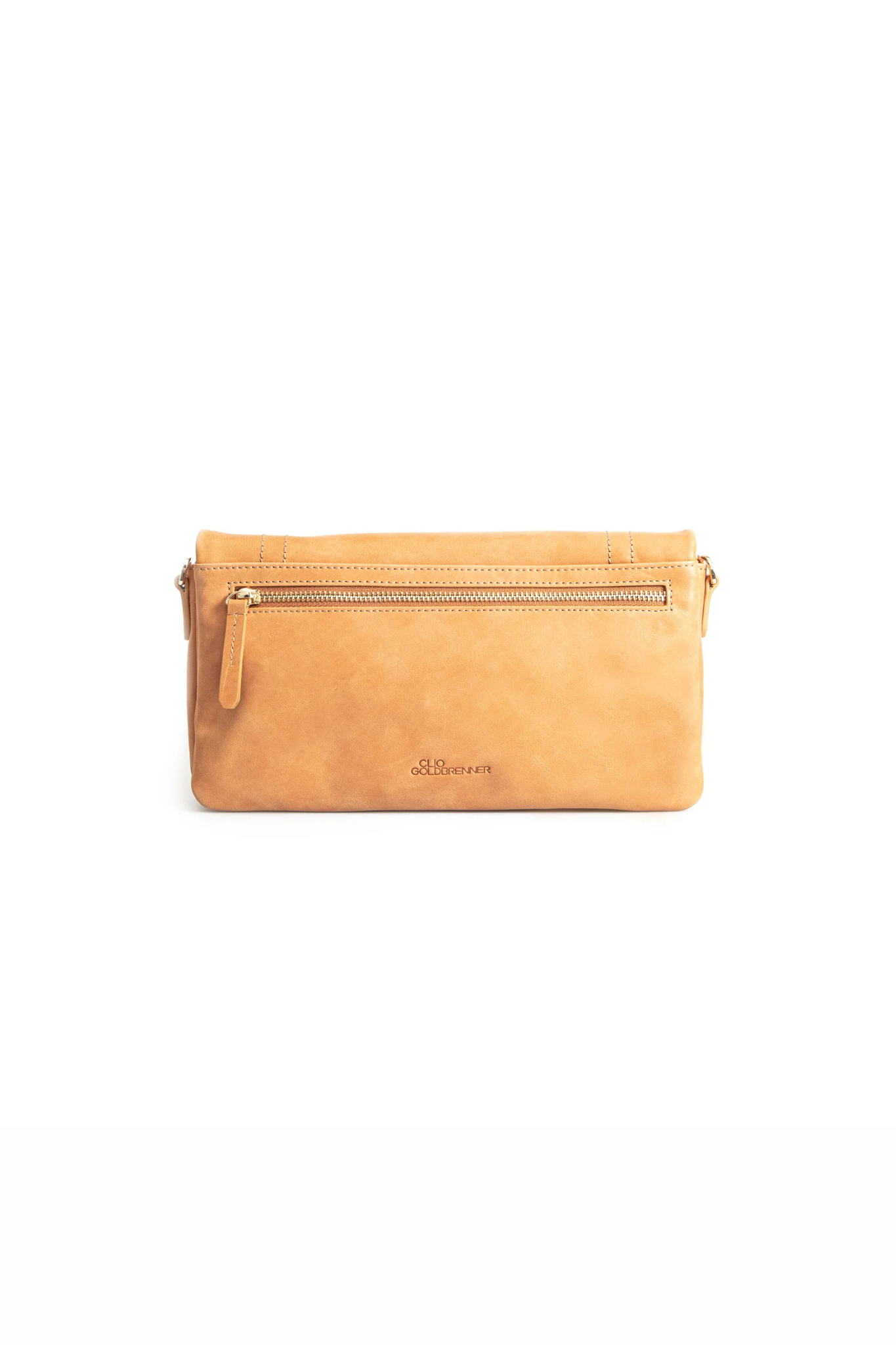 Clio Goldbrenner classic camel comus bag. Back flatlay view