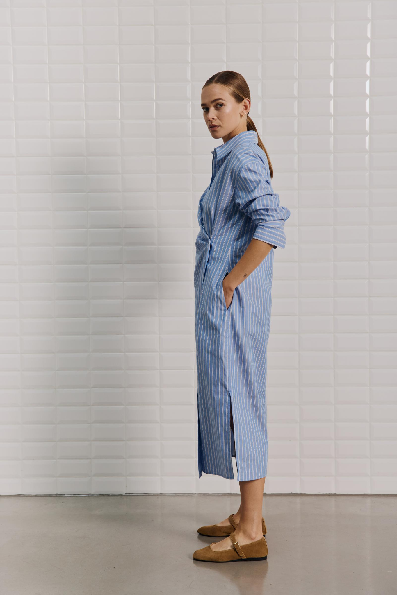 MESA STRIPED LS MIDI DRESS - BLUE/BROWN PINSTRIPE
