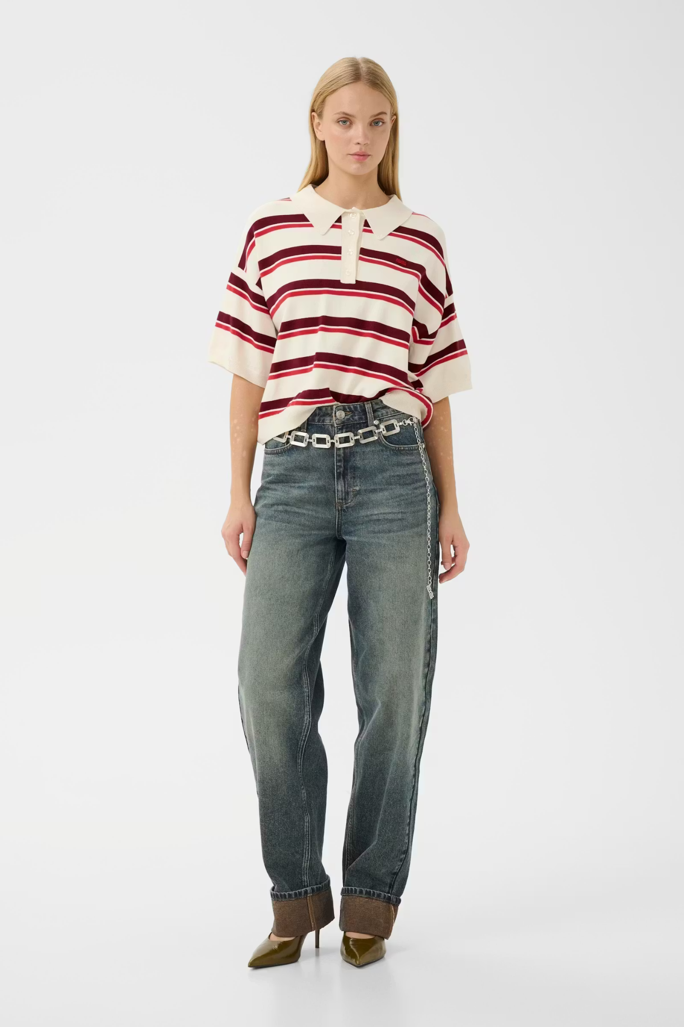 TAIA SS POLO PULLOVER - EGRET/CABERNET/POINSETTIA