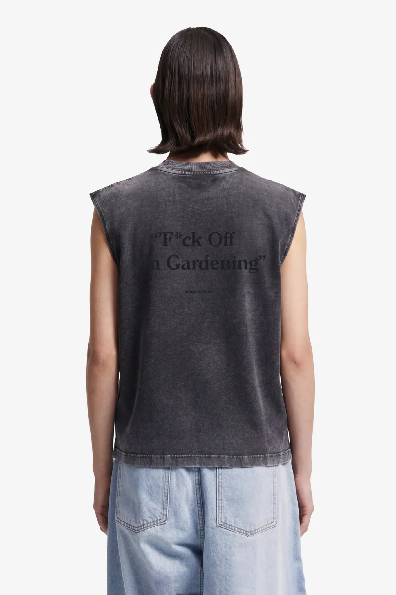 F*CK OFF SLEEVLESS DISTRESSED T-SHIRT - SHADOW BLACK