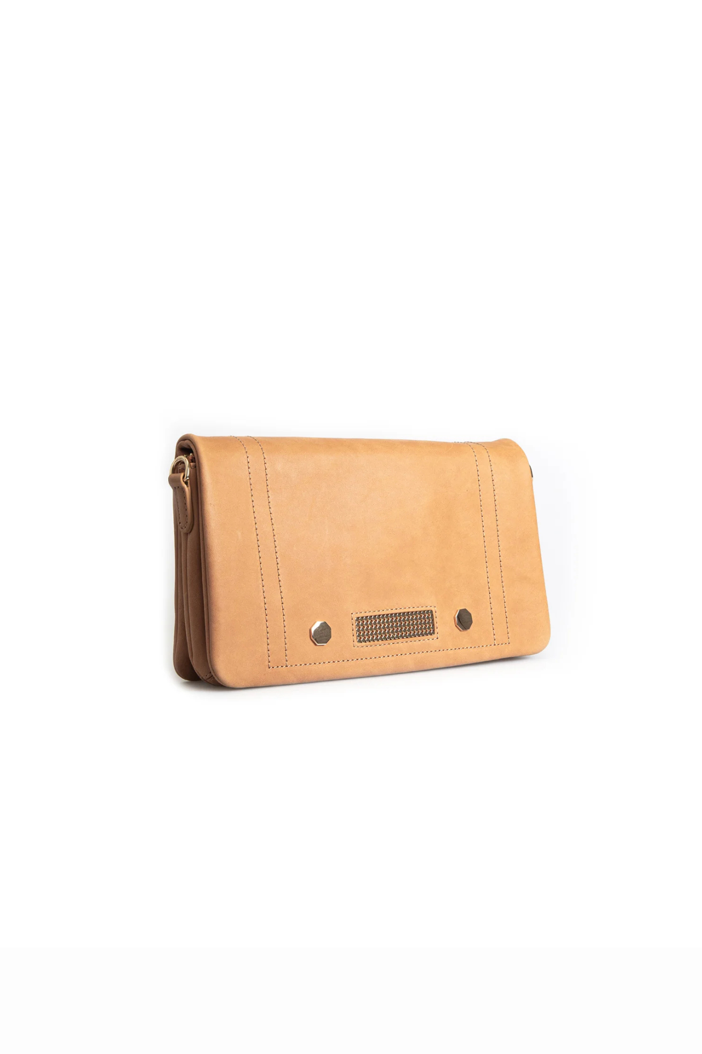 Clio Goldbrenner classic camel comus bag. Side flatlay view