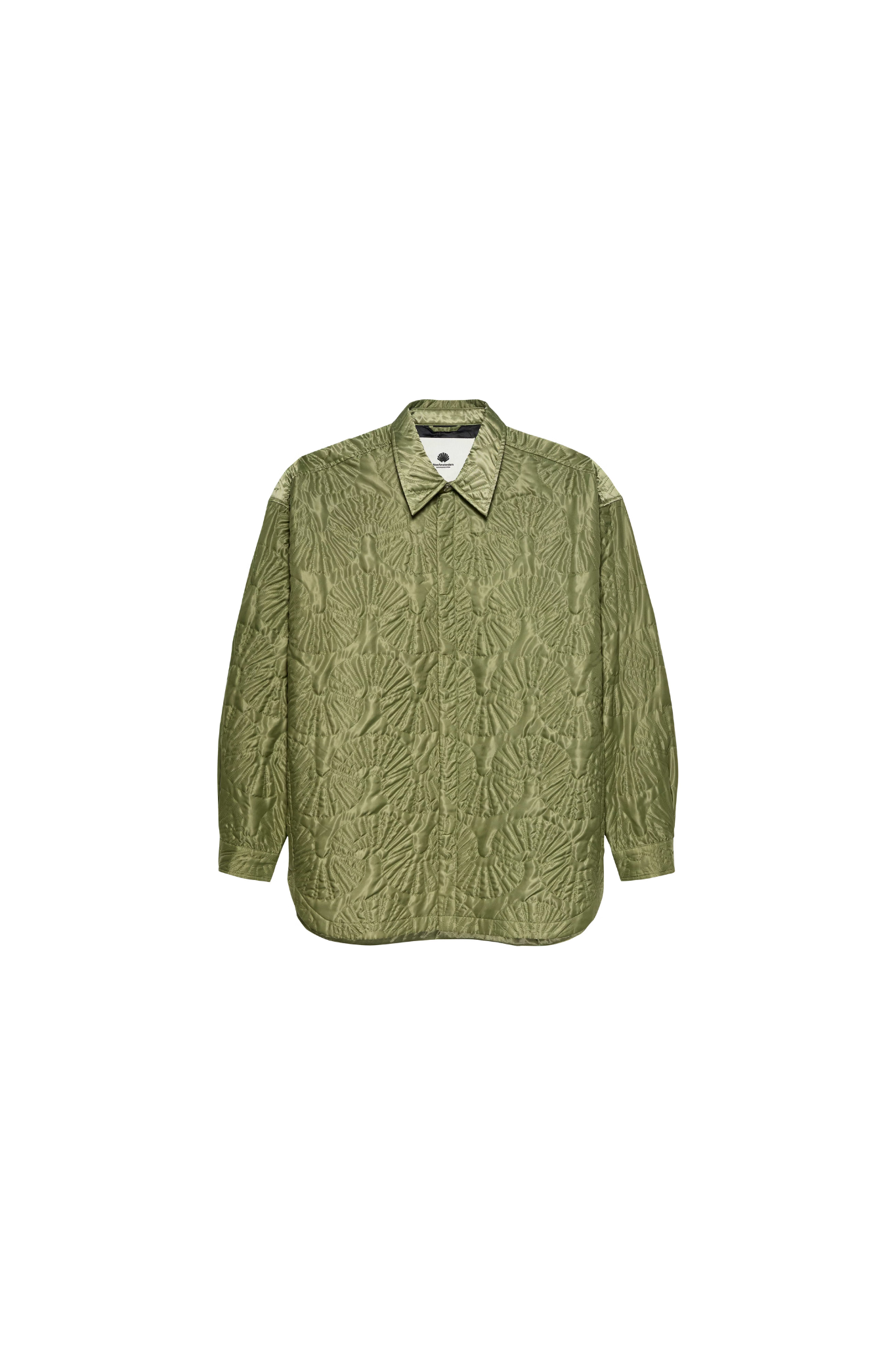 New Amsterdam shell quilted overshirt in green. Front flatlay view