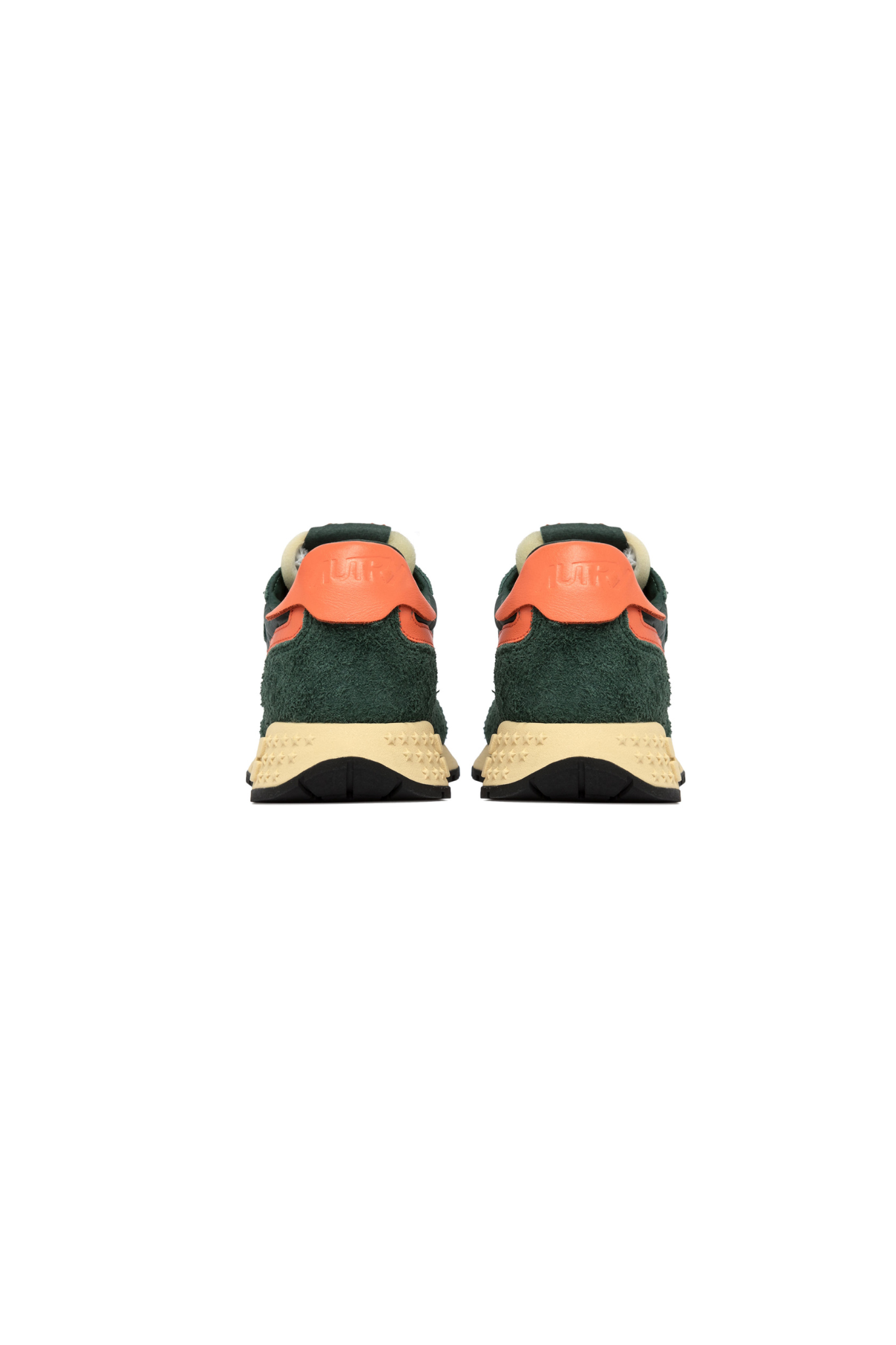 Autry reelwind low men sneakers in suede green and orange. Back view
