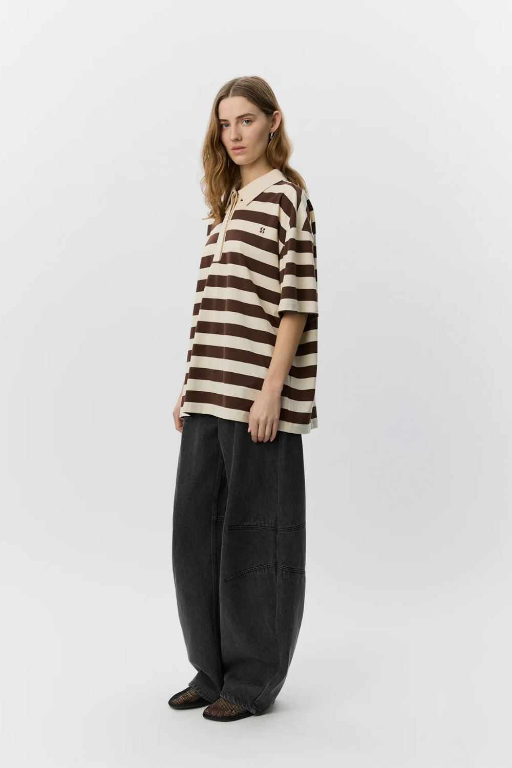 PIL OVERSIZE STRIPED POLOSHIRT - OFF WHITE/BROWN STRIPED