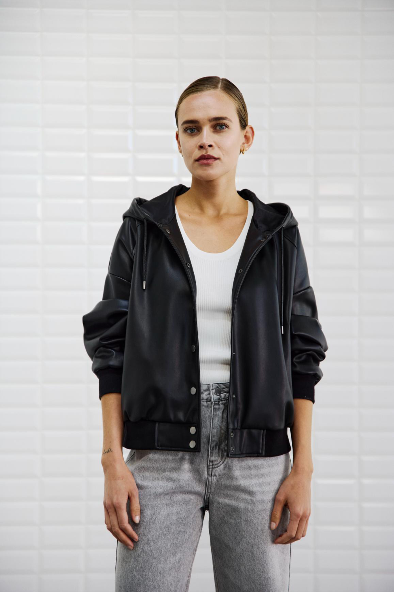 MAYA VEGAN HOODED BOMBER JACKET - BLACK