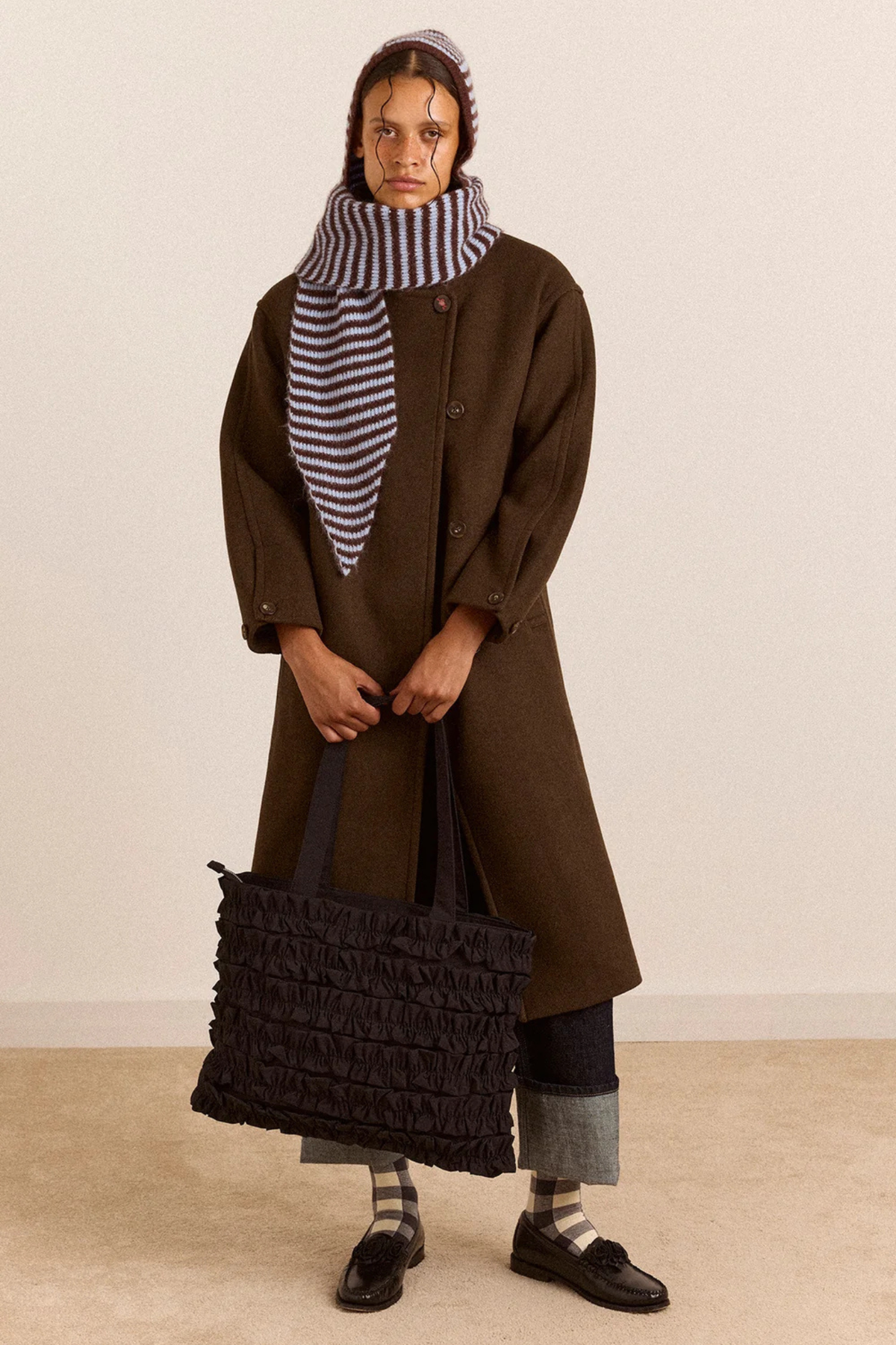 TIE FRONT HOOD - BLUE - CHOCO STRIPE