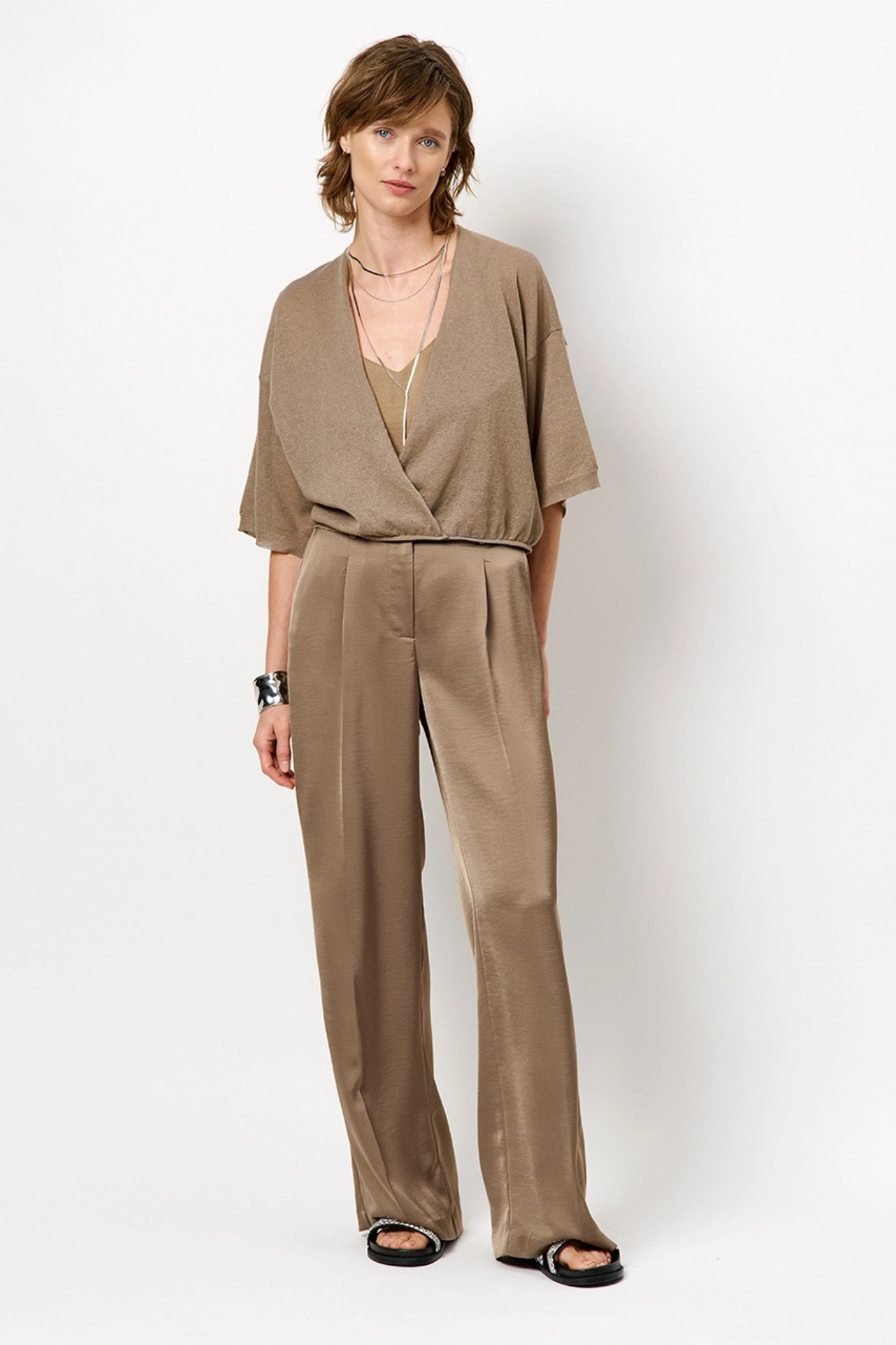 JULES SATIN SMART PANTS - STONE