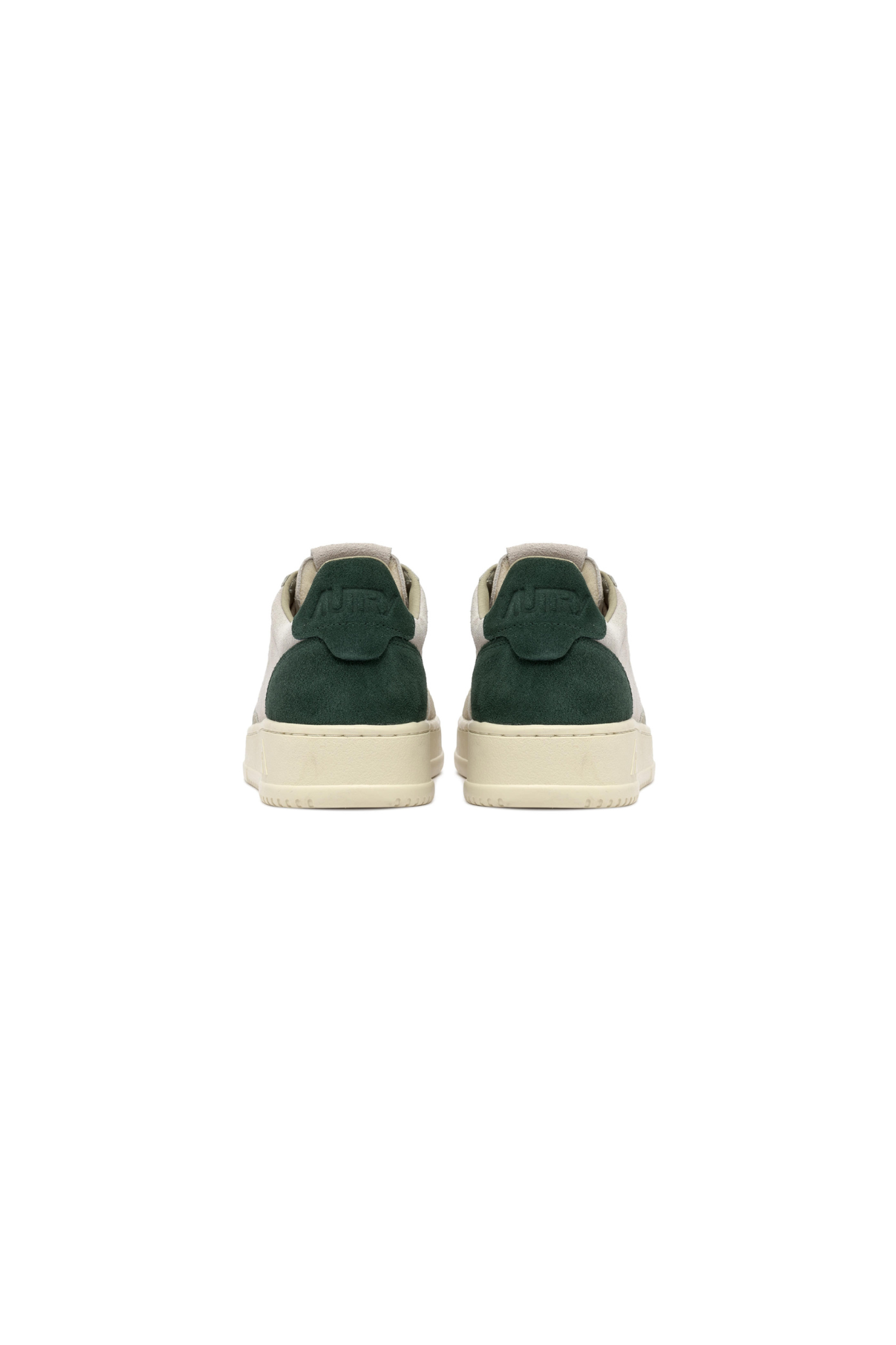 Autry medalist low man sneakers in grey and green suede. Back view