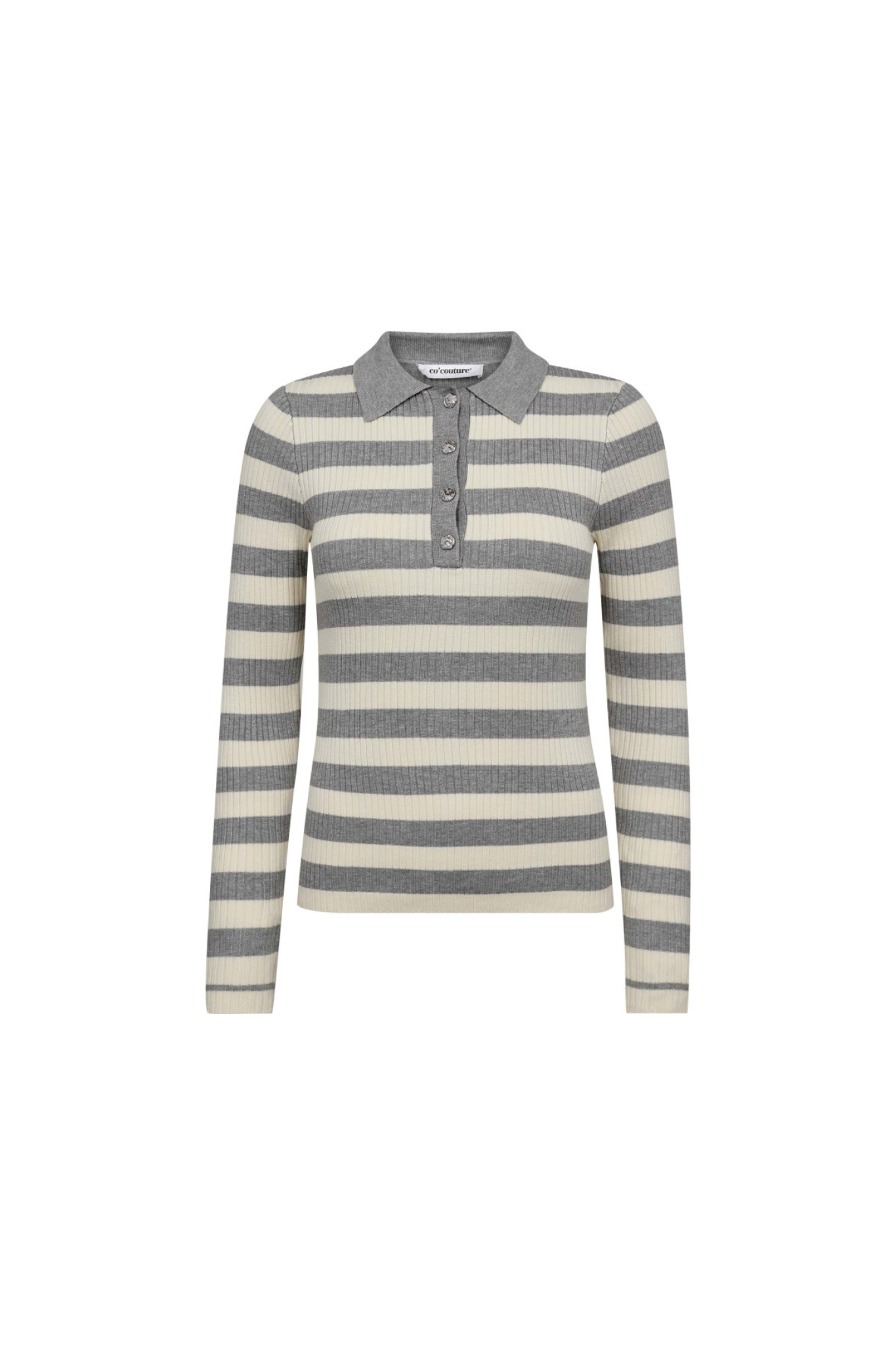 BONNY STRIPE LS POLO KNIT - LIGHT GREY