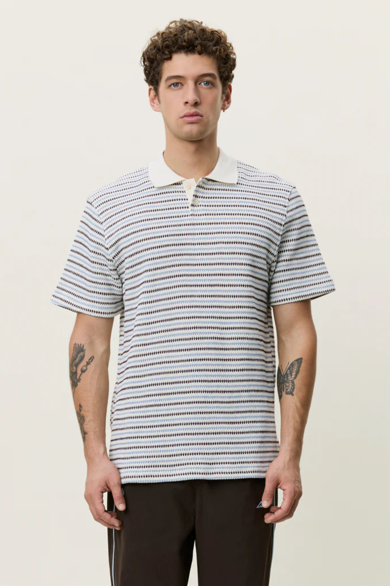 KNITTED STRIPED POLO - EGGNOG WHITE