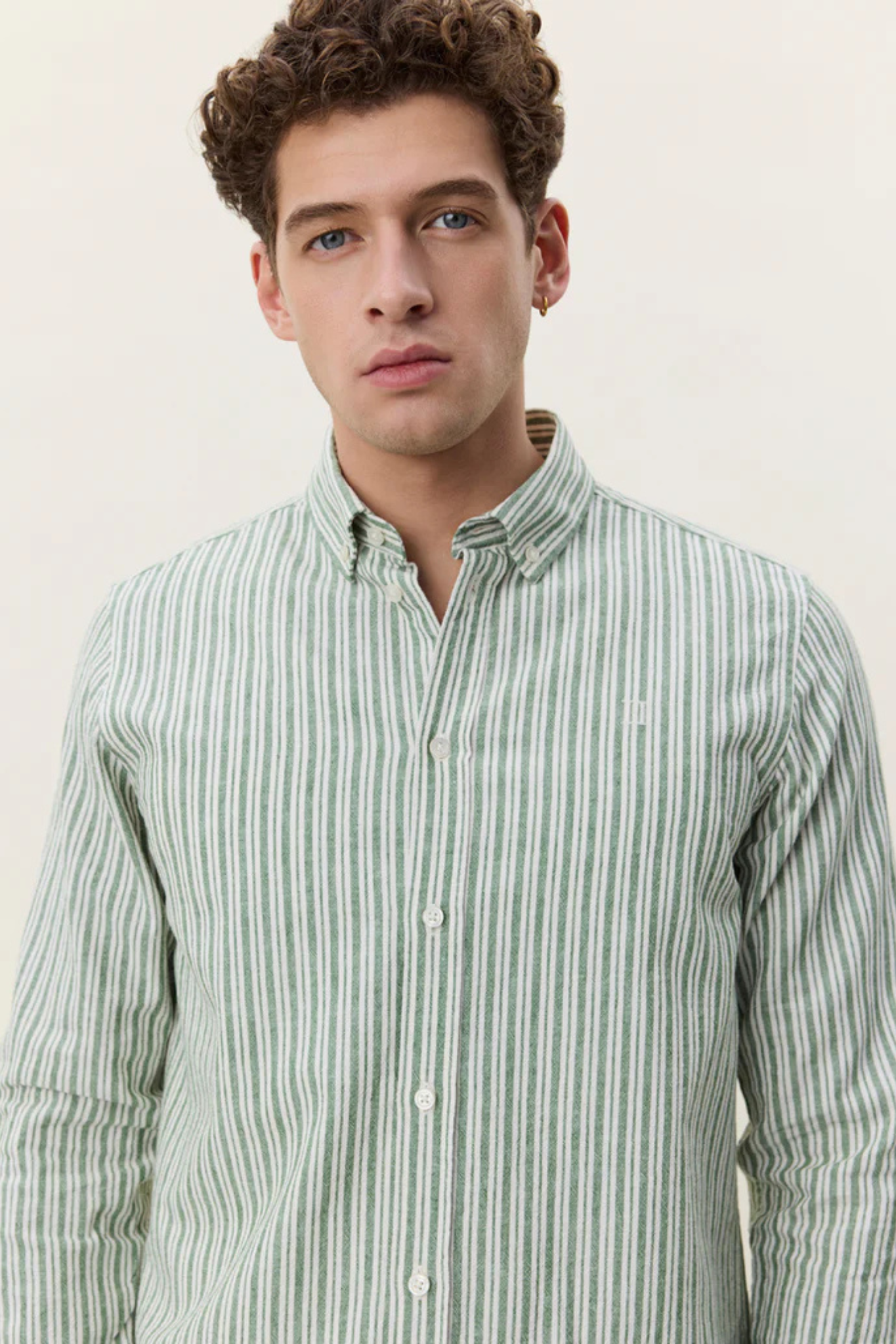 STRIPE COTTON-LINEN SHIRT - ARTICHOKE GREEN