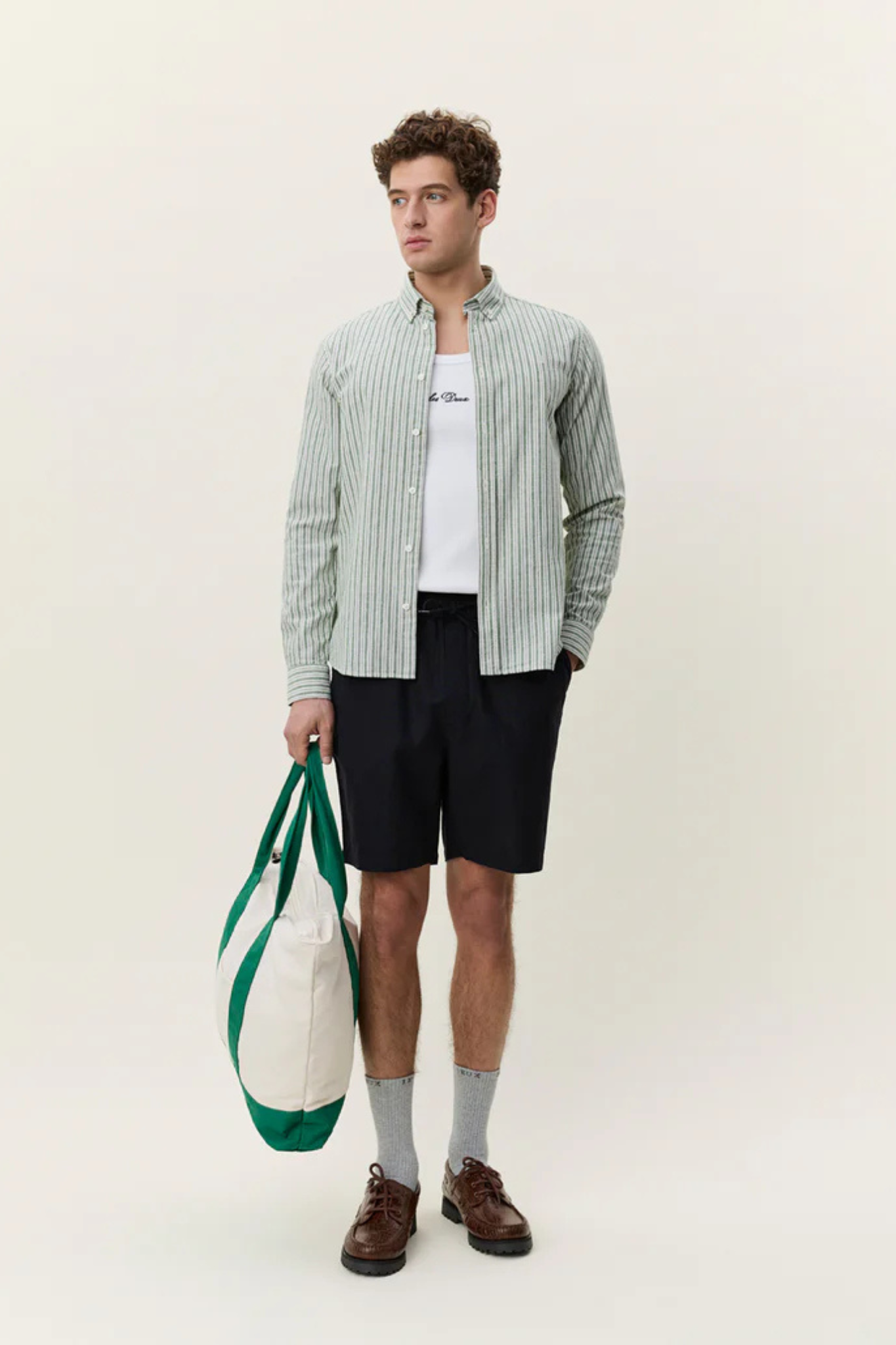 STRIPE COTTON-LINEN SHIRT - ARTICHOKE GREEN