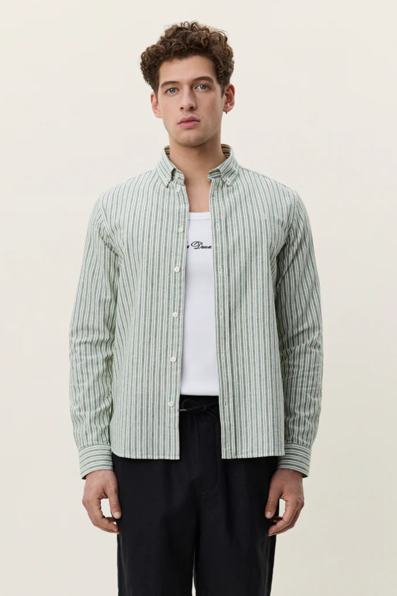 STRIPE COTTON-LINEN SHIRT - ARTICHOKE GREEN