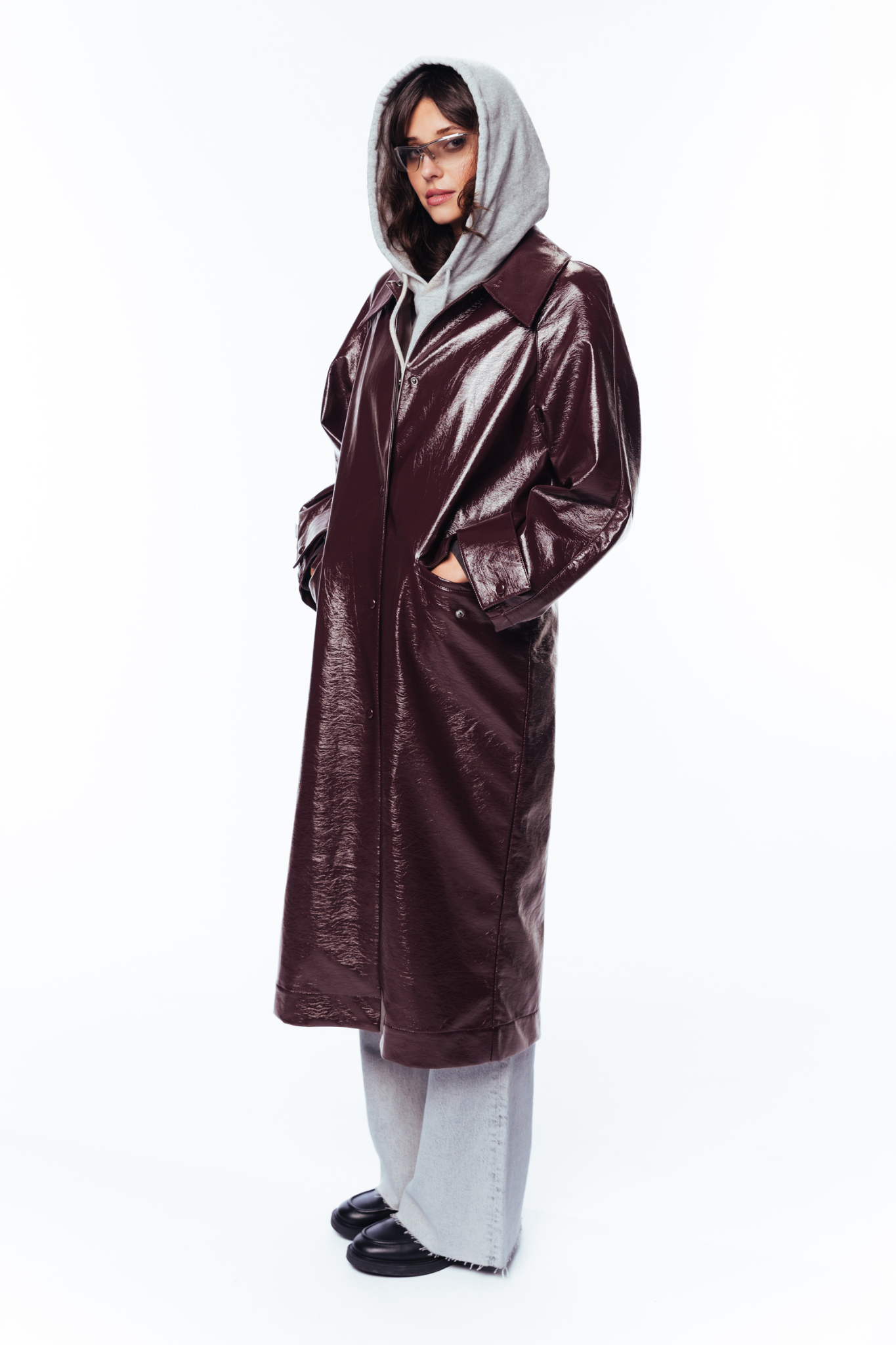 LONG VEGAN LEATHER JACKET - FUDGE