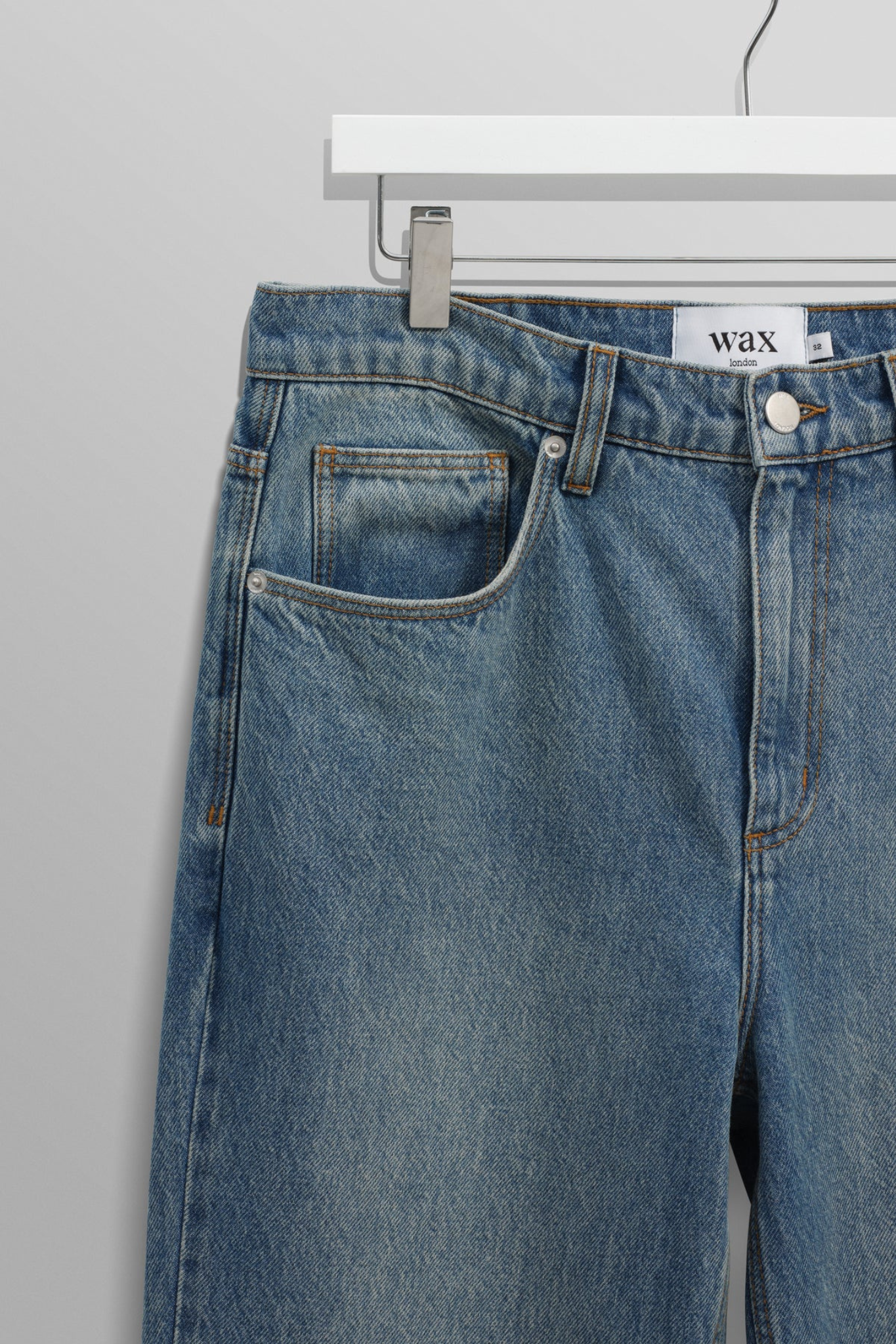 Wax London russel straight fit vintage denim jeans in vintage blue. Front flatlay view