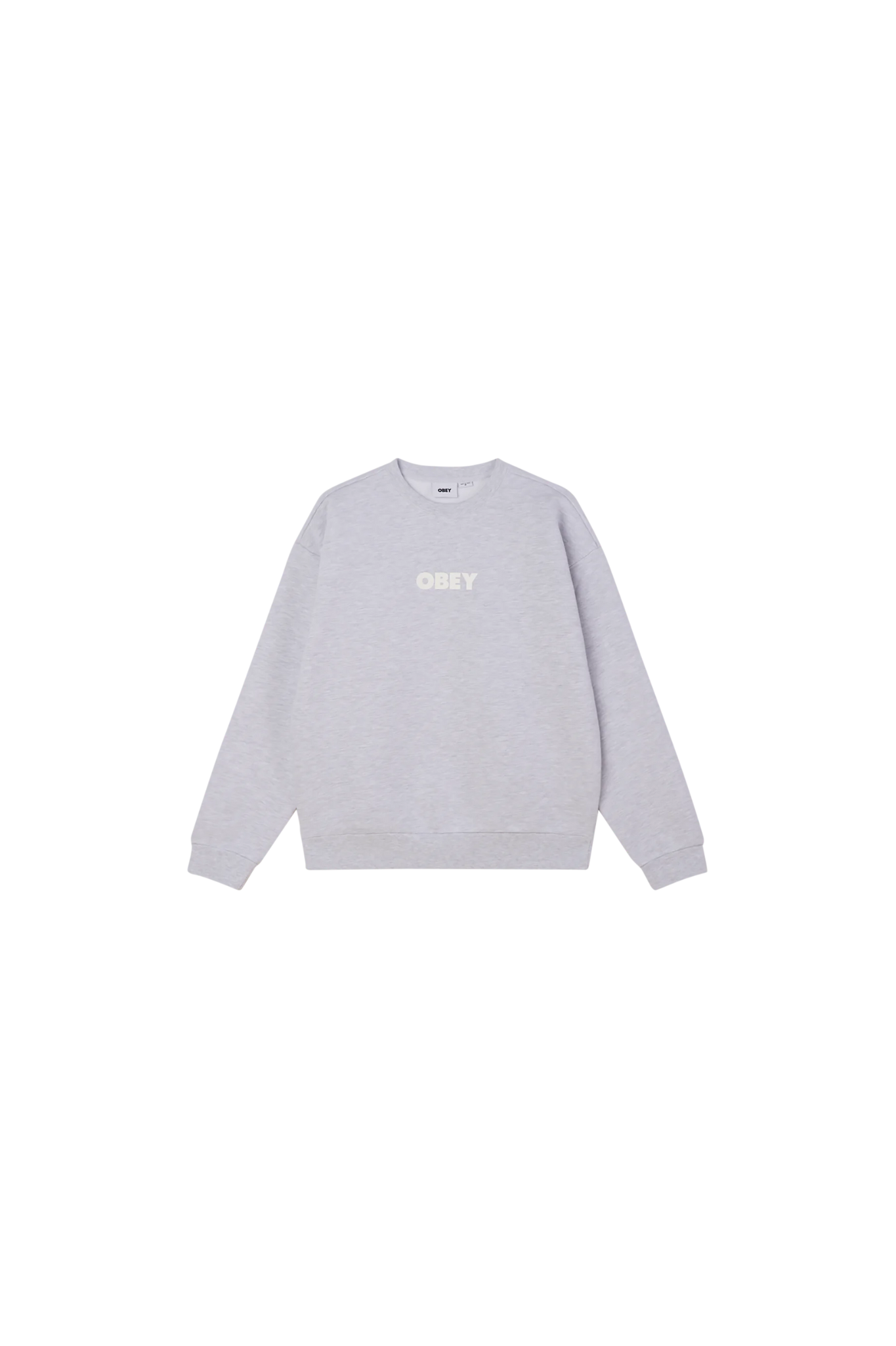 OBEY bold extra heavy crewneck in ash grey and logo in white. Front flatlay view