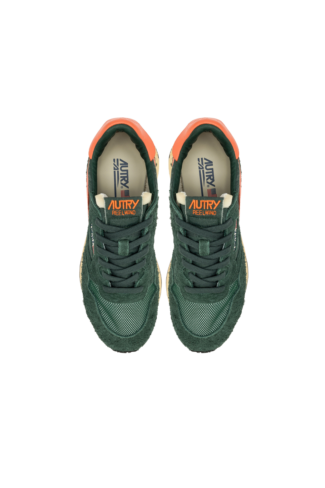 Autry reelwind low men sneakers in suede green and orange. Front view