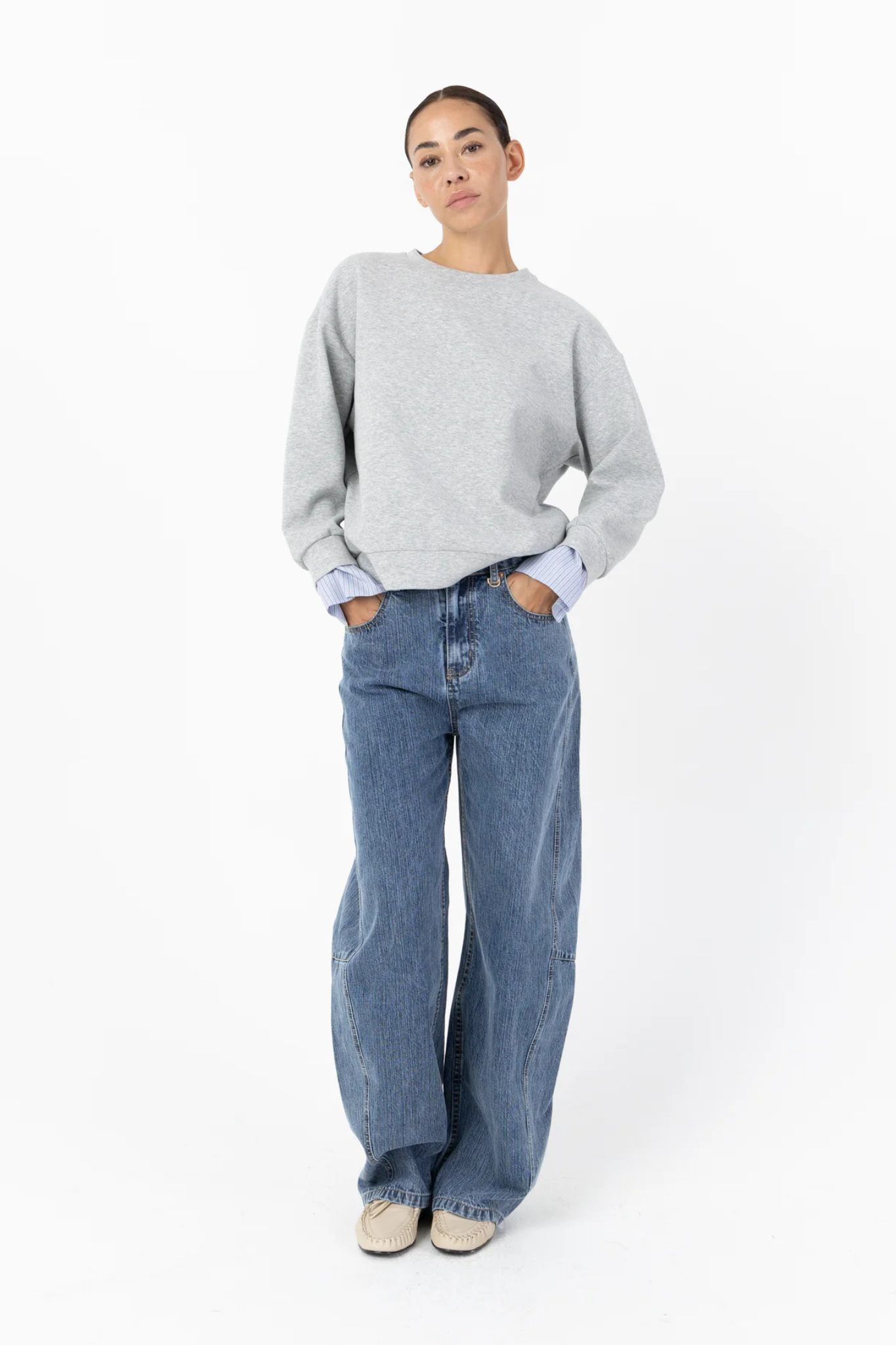 SWEATSHIRT WHIT SLEEVE DETAILS - GREY MELANGE