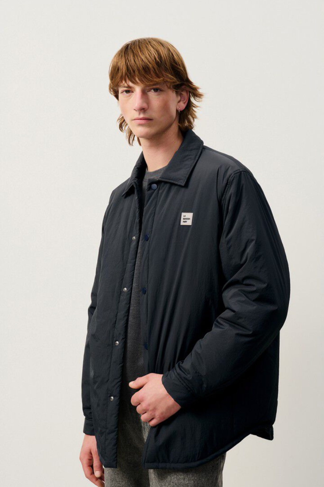 Model wearing the American Vintage zotcity jacket in black. Front view