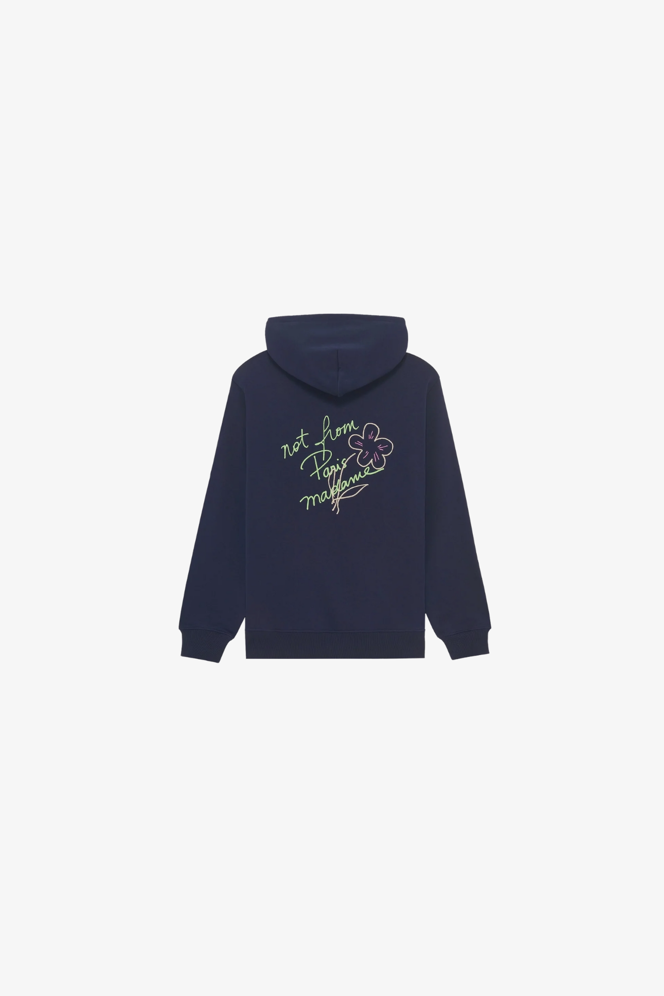 Drole De Monsieur le hoodie slogan esquisse in navy. Back flatlay view