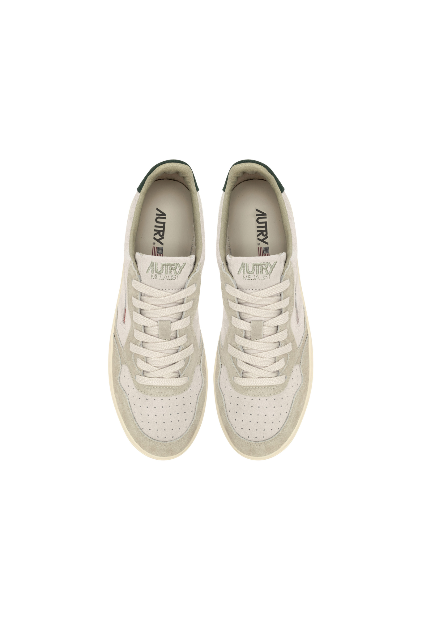 Autry medalist low man sneakers in grey and green suede. Front view