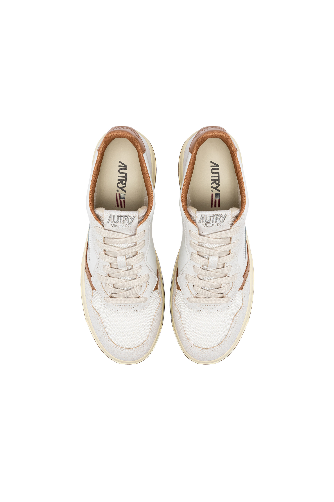 Autry medalist low man sneakers in white and brown. Front view