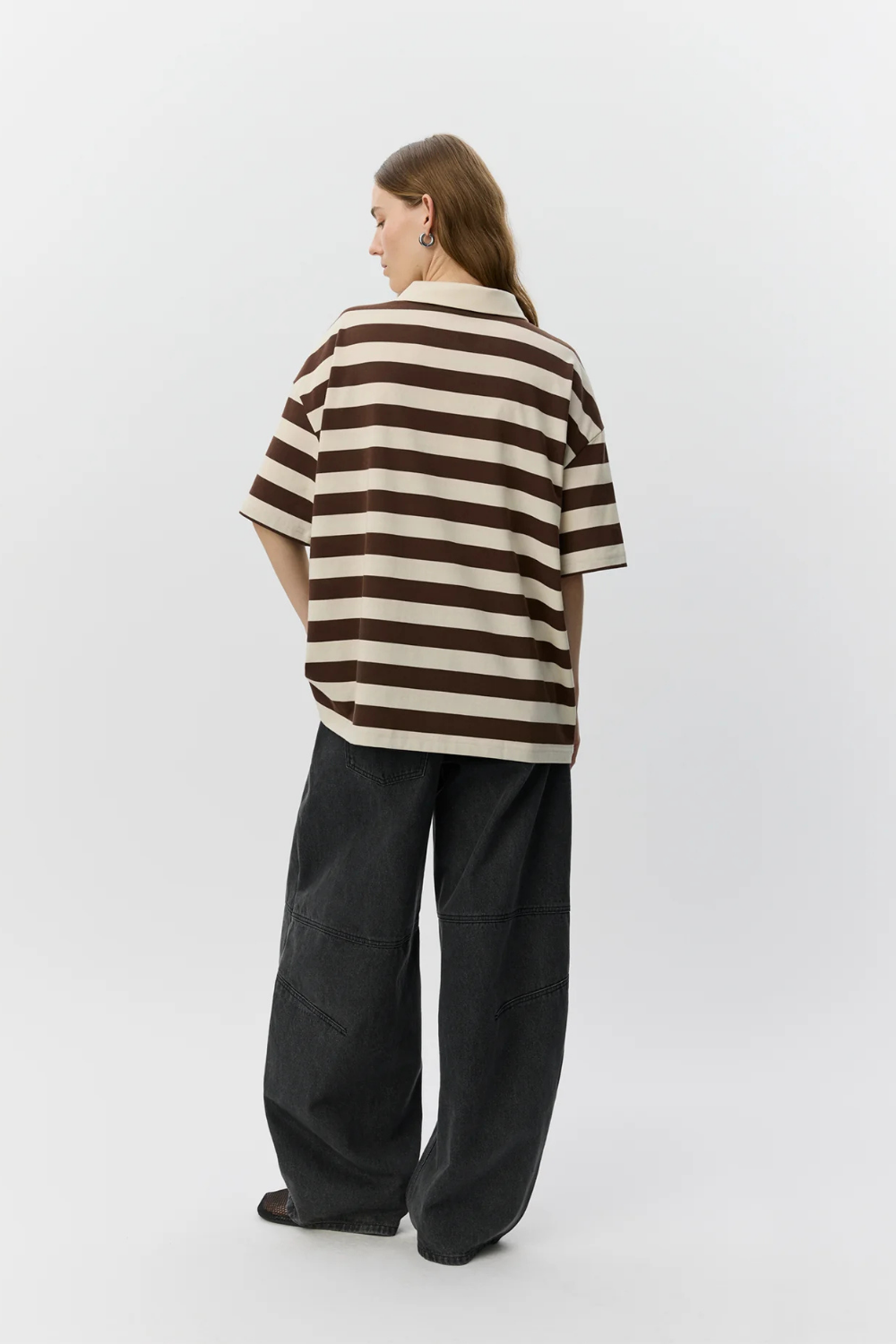 PIL OVERSIZE STRIPED POLOSHIRT - OFF WHITE/BROWN STRIPED