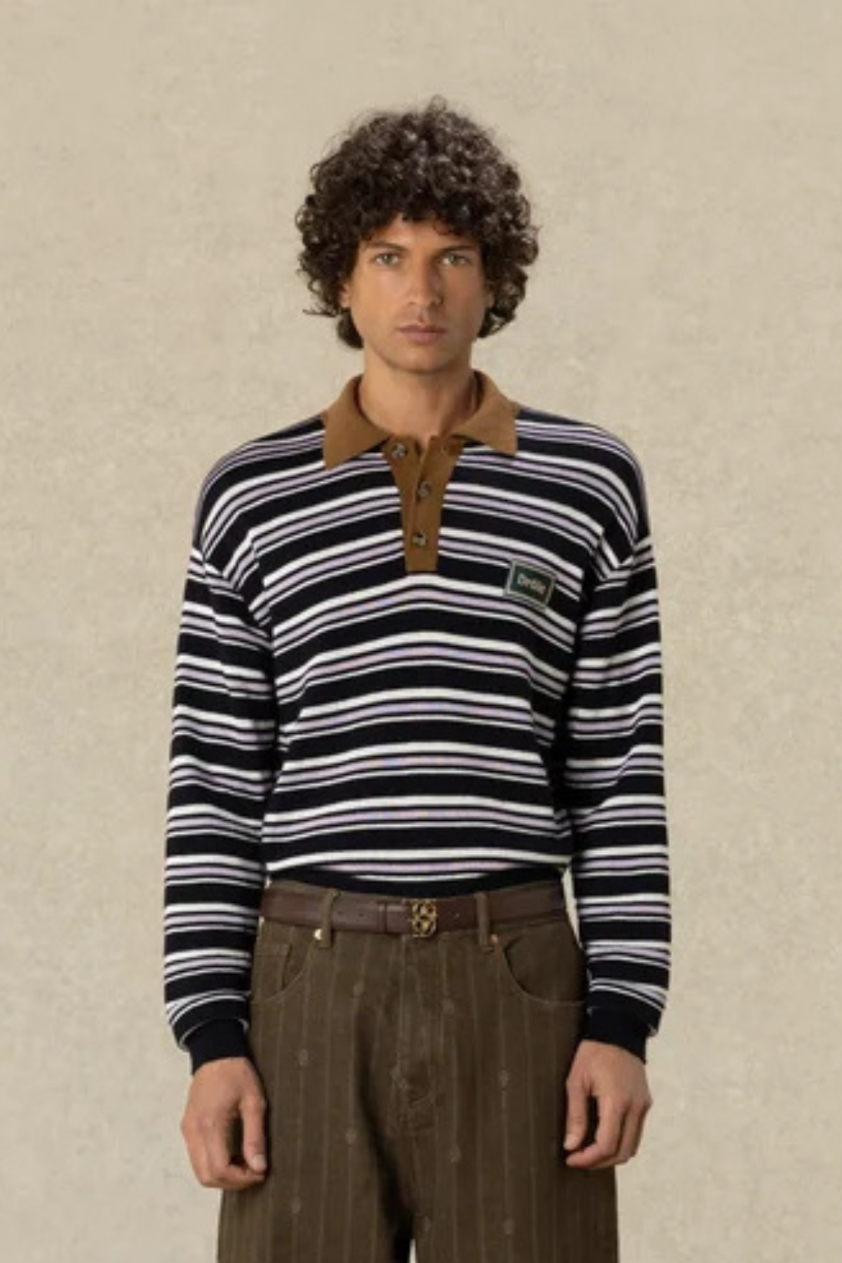 GESTREEPTE GEBREIDE POLO MET LANGE MOUWEN - MARINEBLAUW