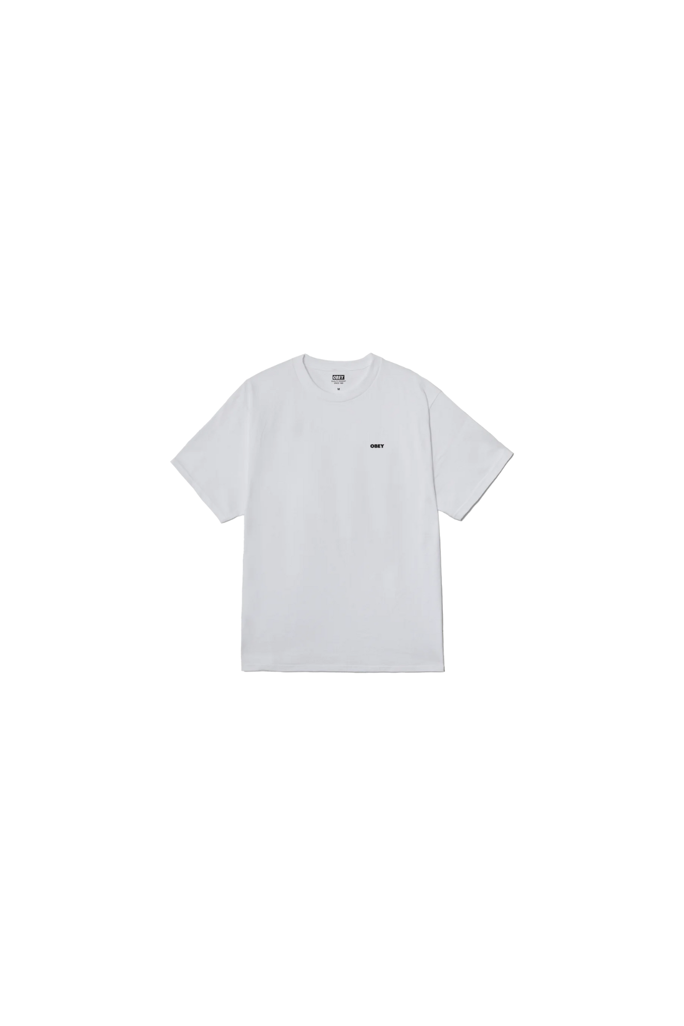 OBEY cosmic noise t-shirt in white and logo in black. Front flatlay view