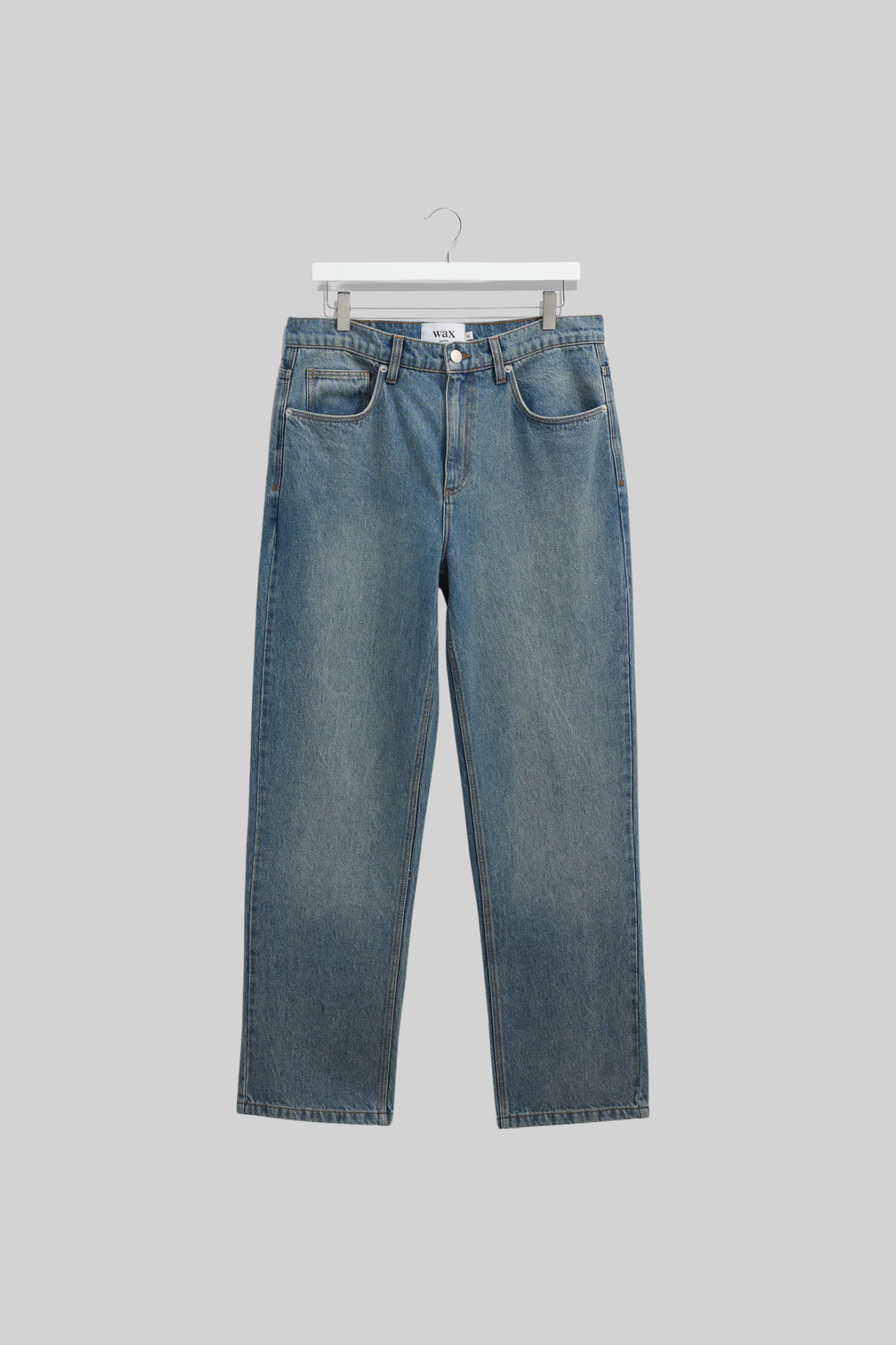 Wax London russel straight fit vintage denim jeans in vintage blue. Front flatlay view