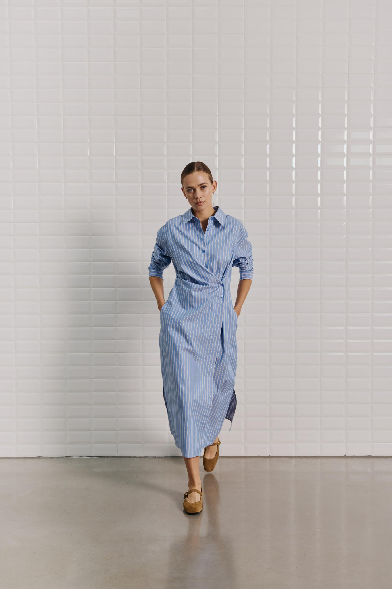 MESA STRIPED LS MIDI DRESS - BLUE/BROWN PINSTRIPE