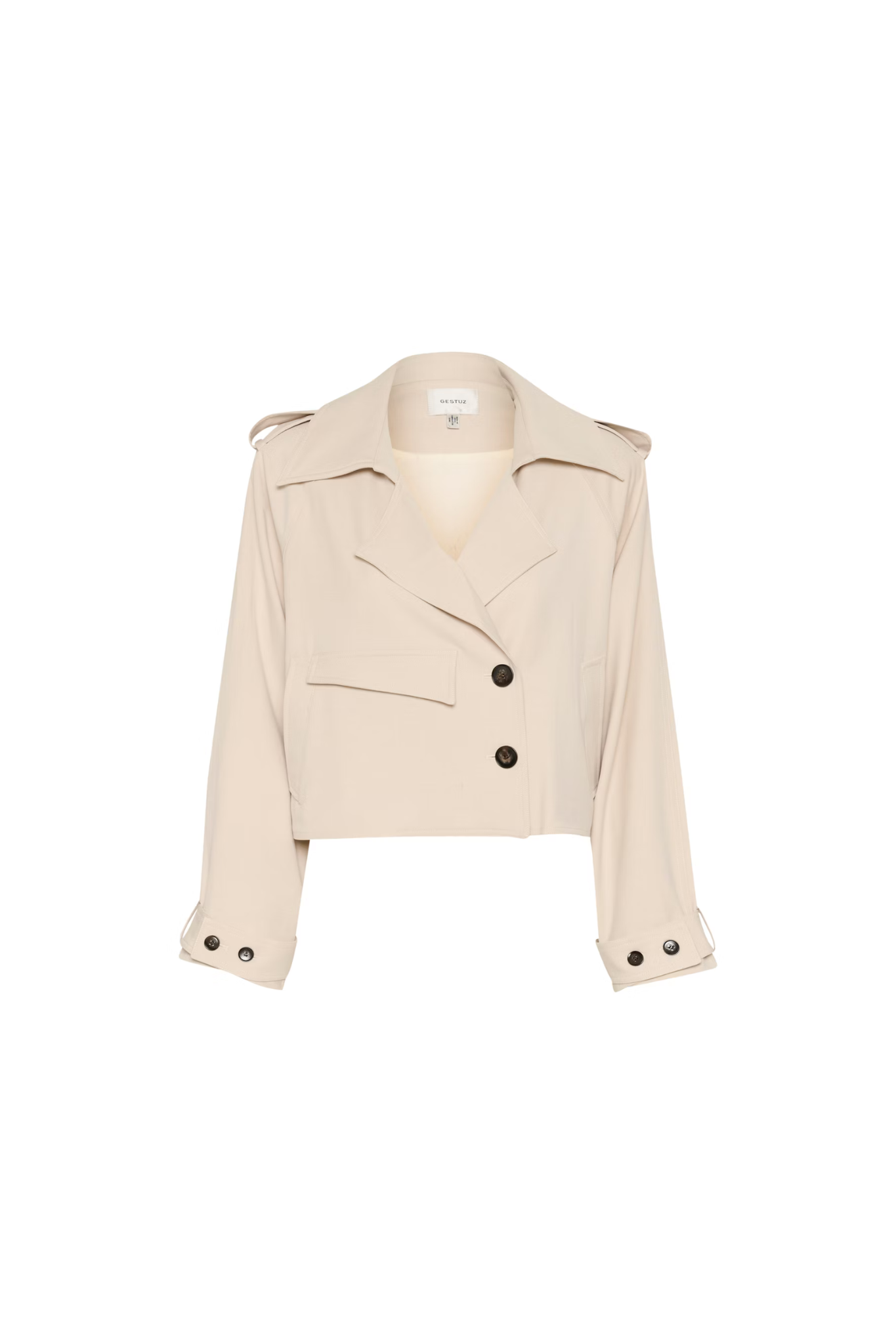 Gestuz zedina short jacket in beige. Front flatlay view