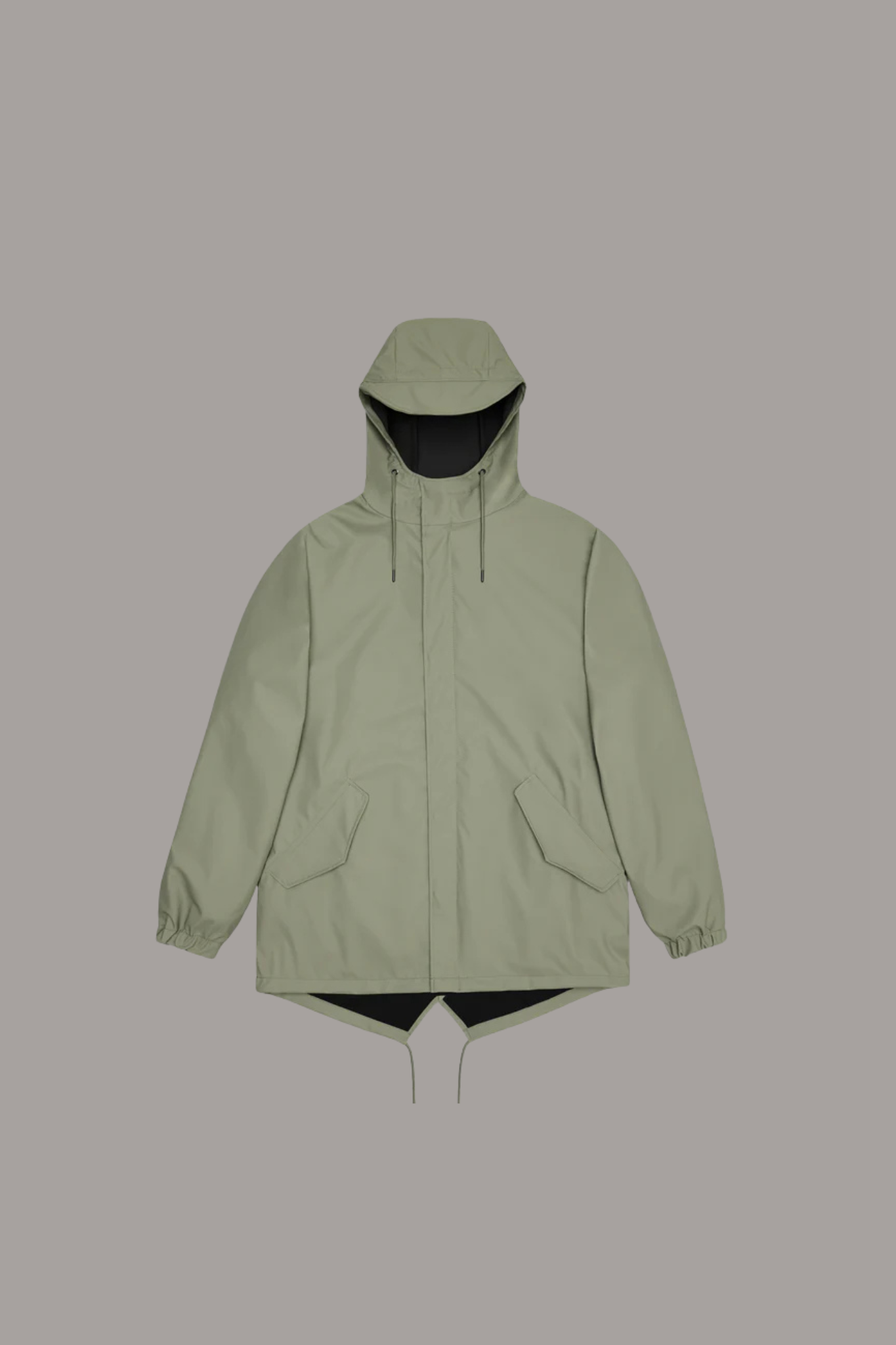 Rains fishtail jacket W3 in green. Front flatlay view