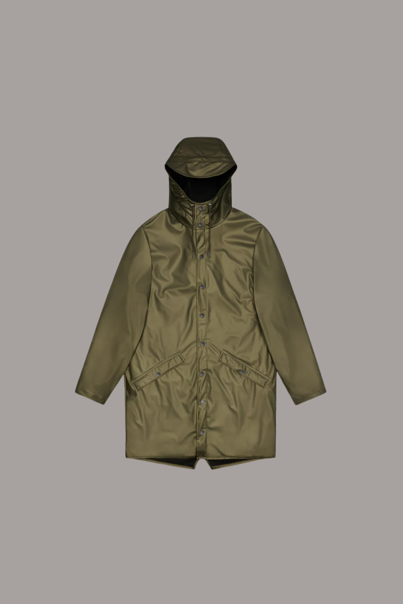 Rains long jacket W3 in khaki. Front flatlay view