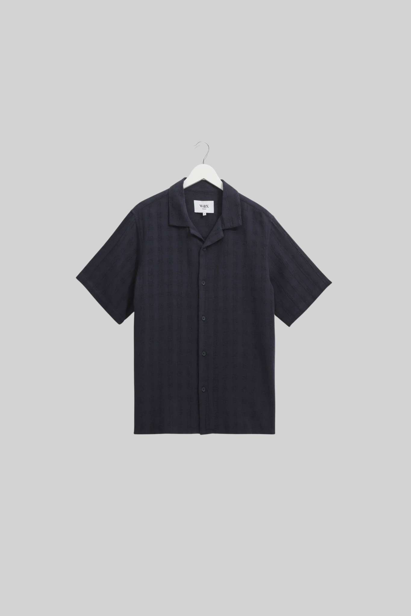 Wax London didcot box open weave grid shirt in navy. Front flatlay view