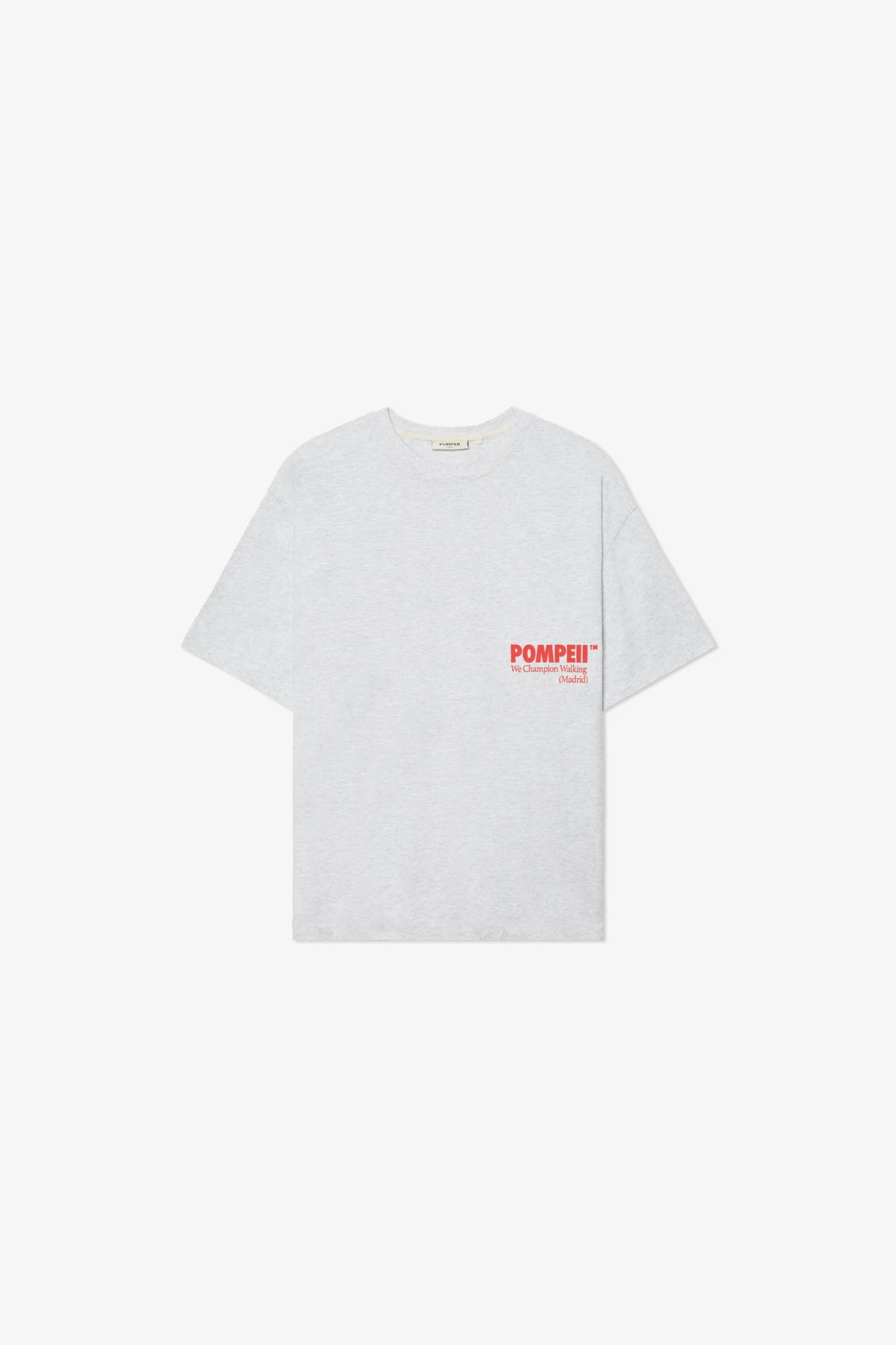 Pompeii Brand classic boxy t-shirt in grey and logo in red. Front flatlay view